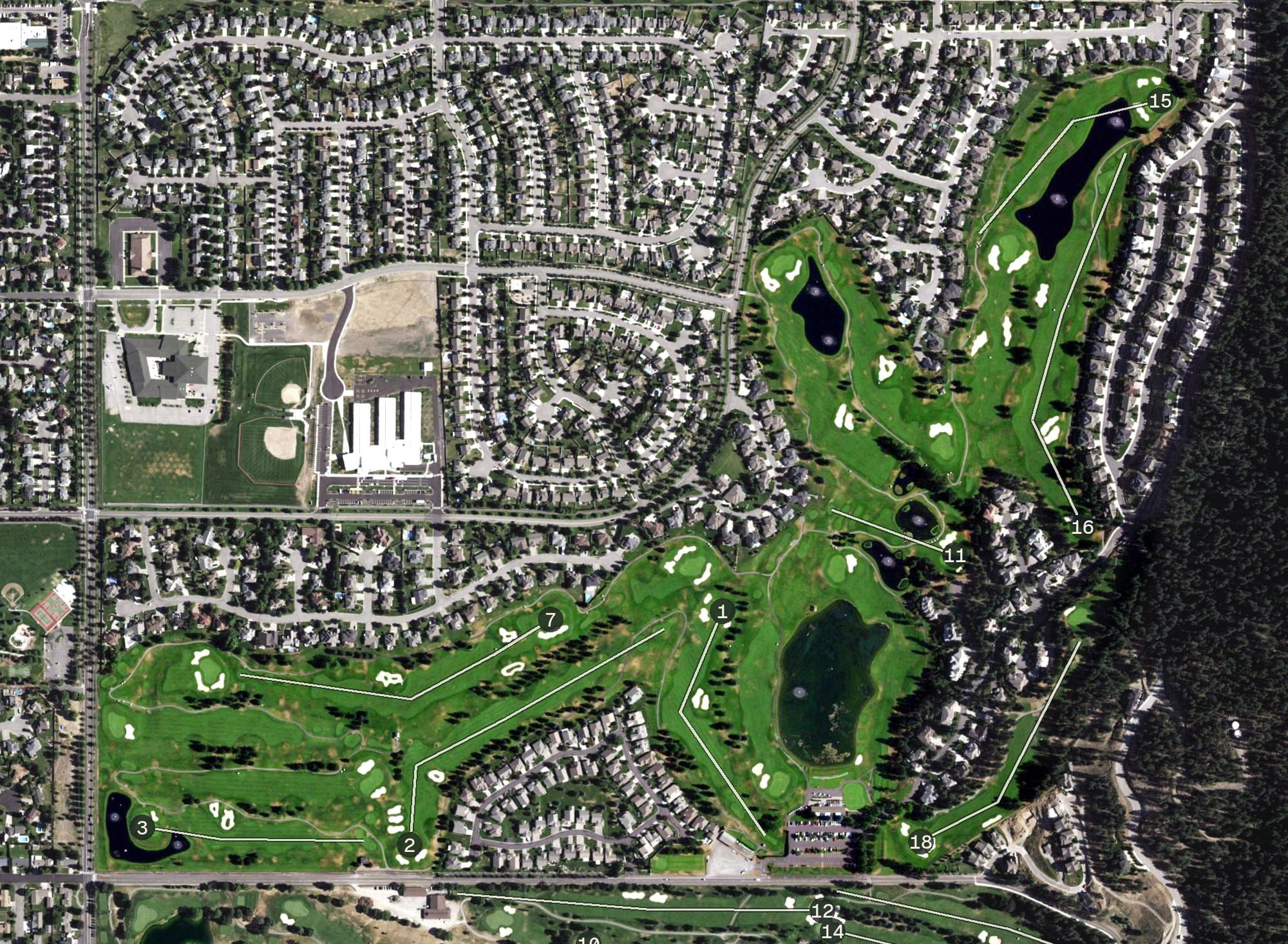 Aerial view of MeadowWood Golf Course, WA, with its hole routing marked