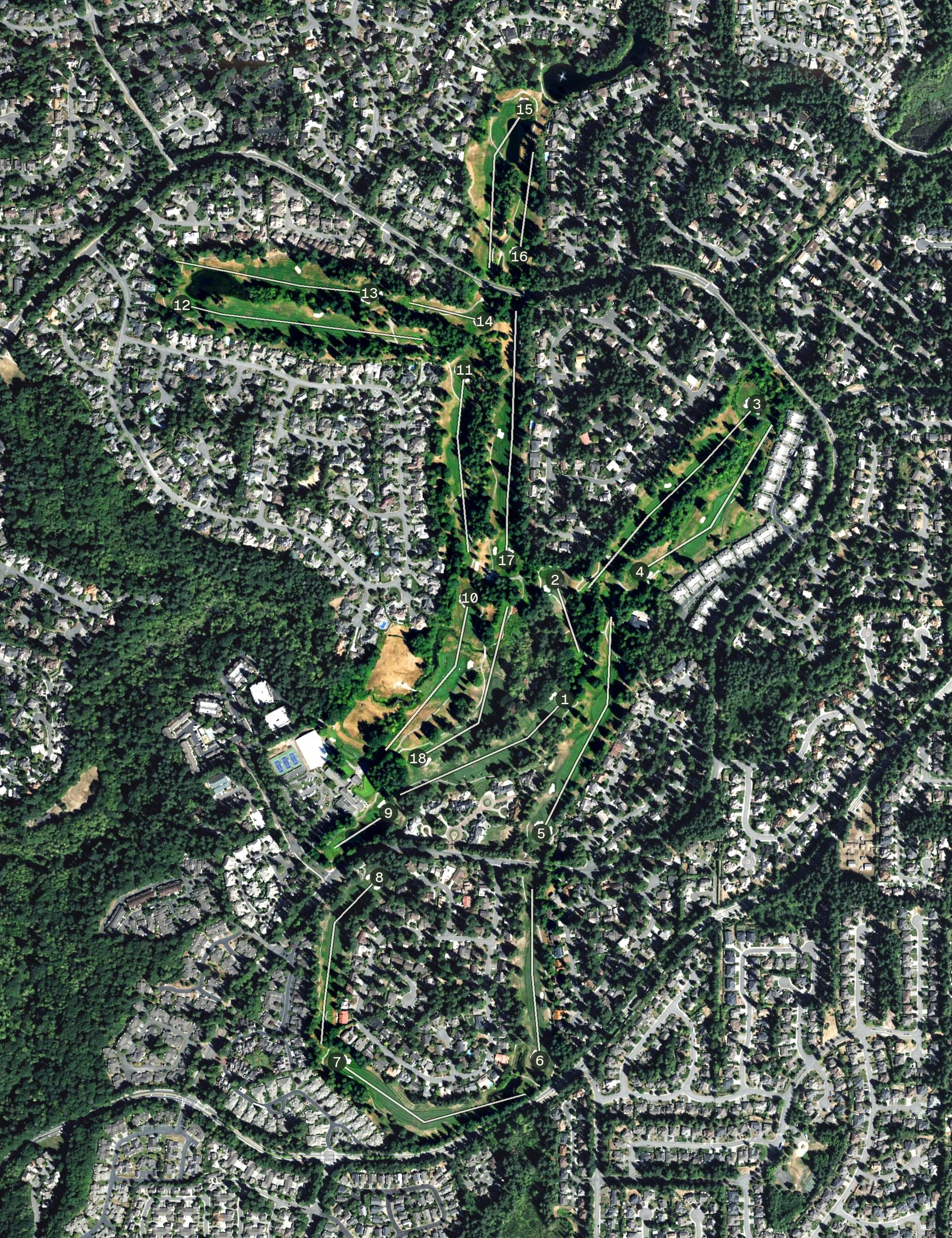 Aerial view of Mill Creek Country Club, WA, with its hole routing marked