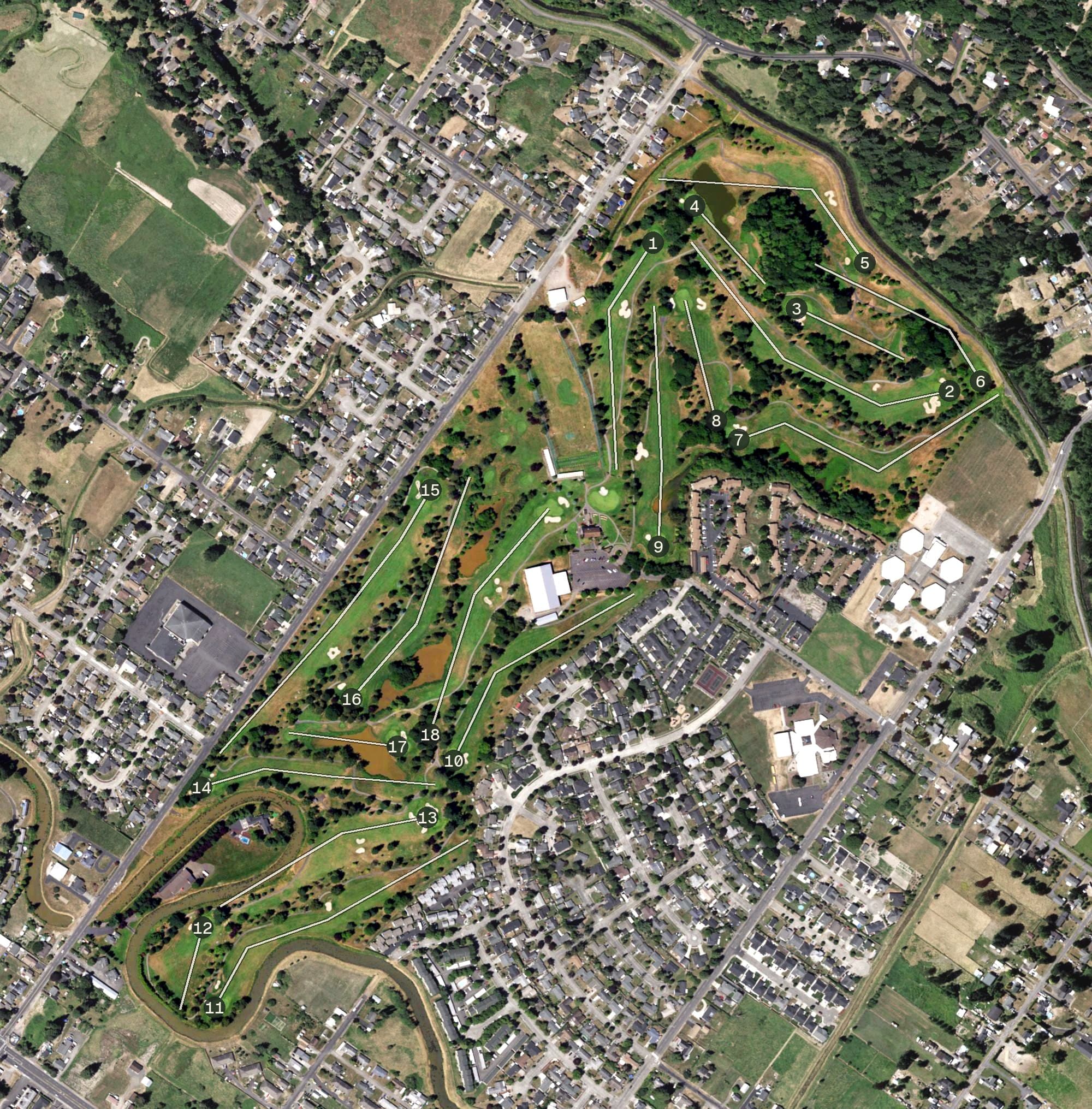 Aerial view of Mint Valley Golf Course, WA, with its hole routing marked