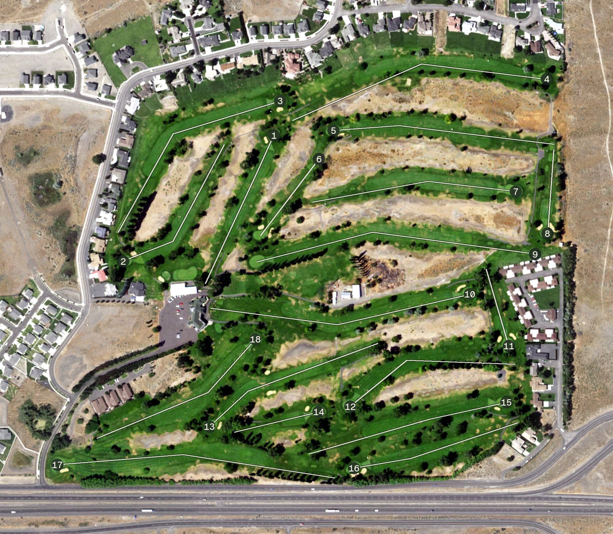 Aerial view of Moses Lake Golf Course, WA, with its hole routing marked