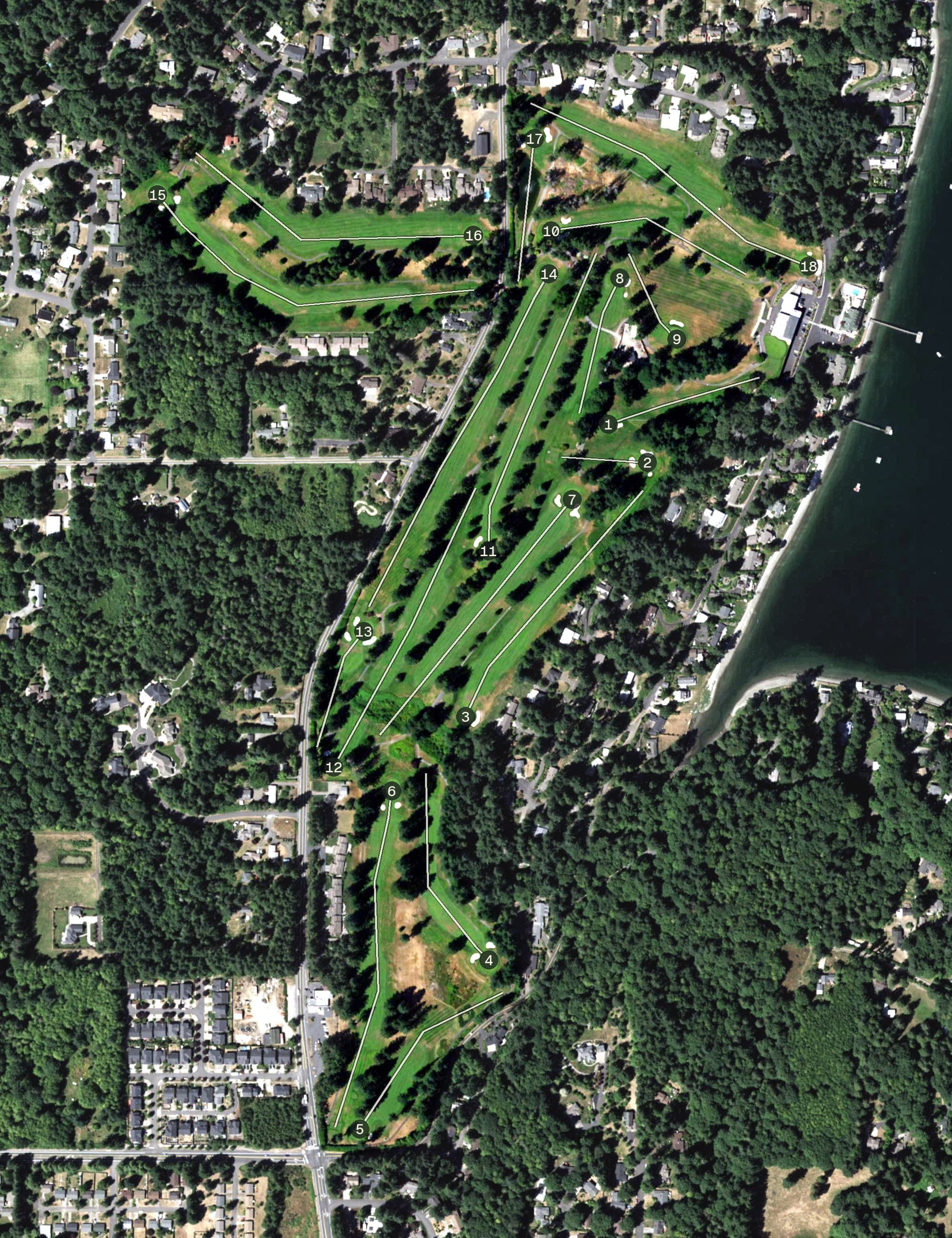 Aerial view of Olympia Country & Golf Club, WA, with its hole routing marked