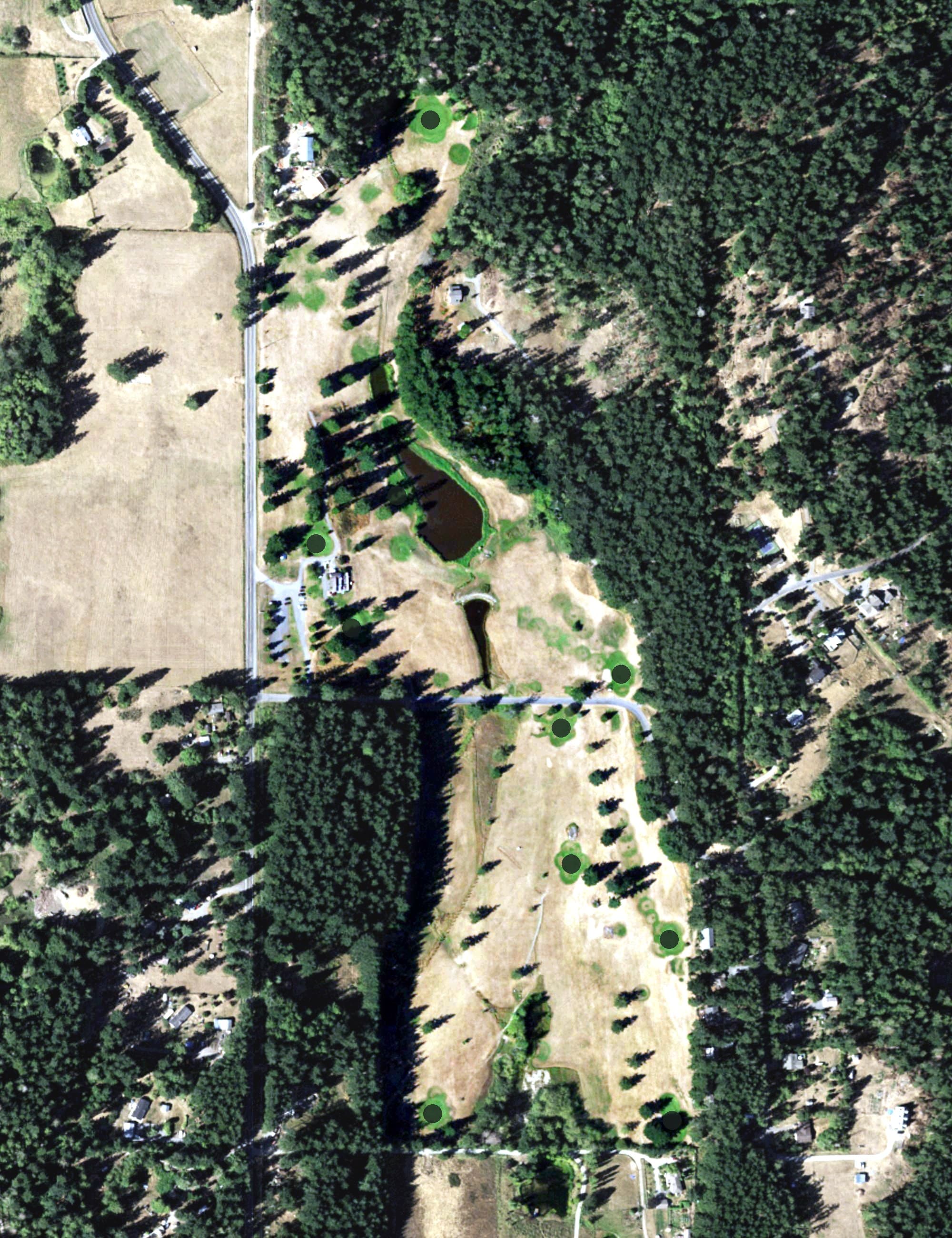 Aerial view of Orcas Island Golf Course, WA, with its hole routing marked