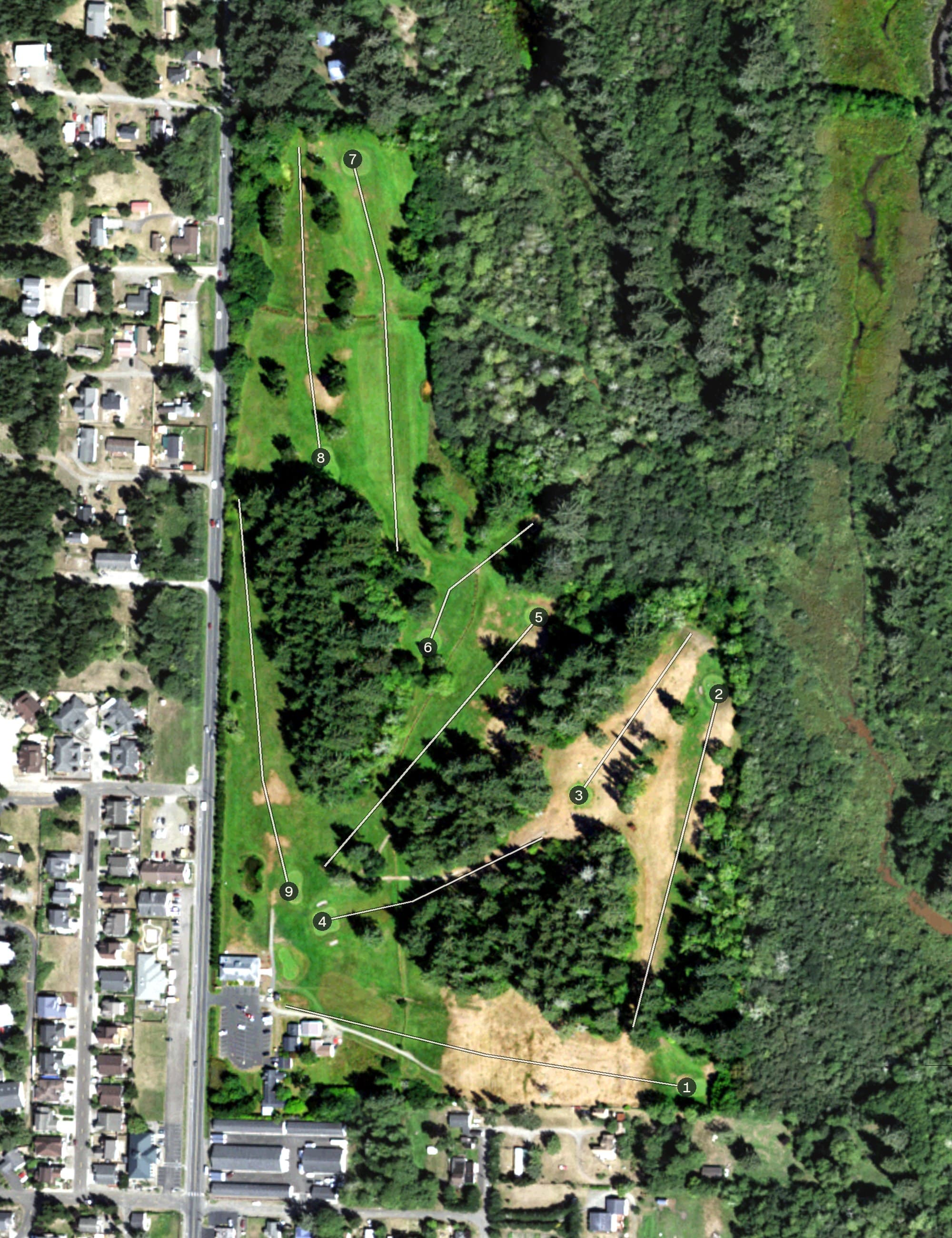 Aerial view of Peninsula Golf Course, WA, with its hole routing marked