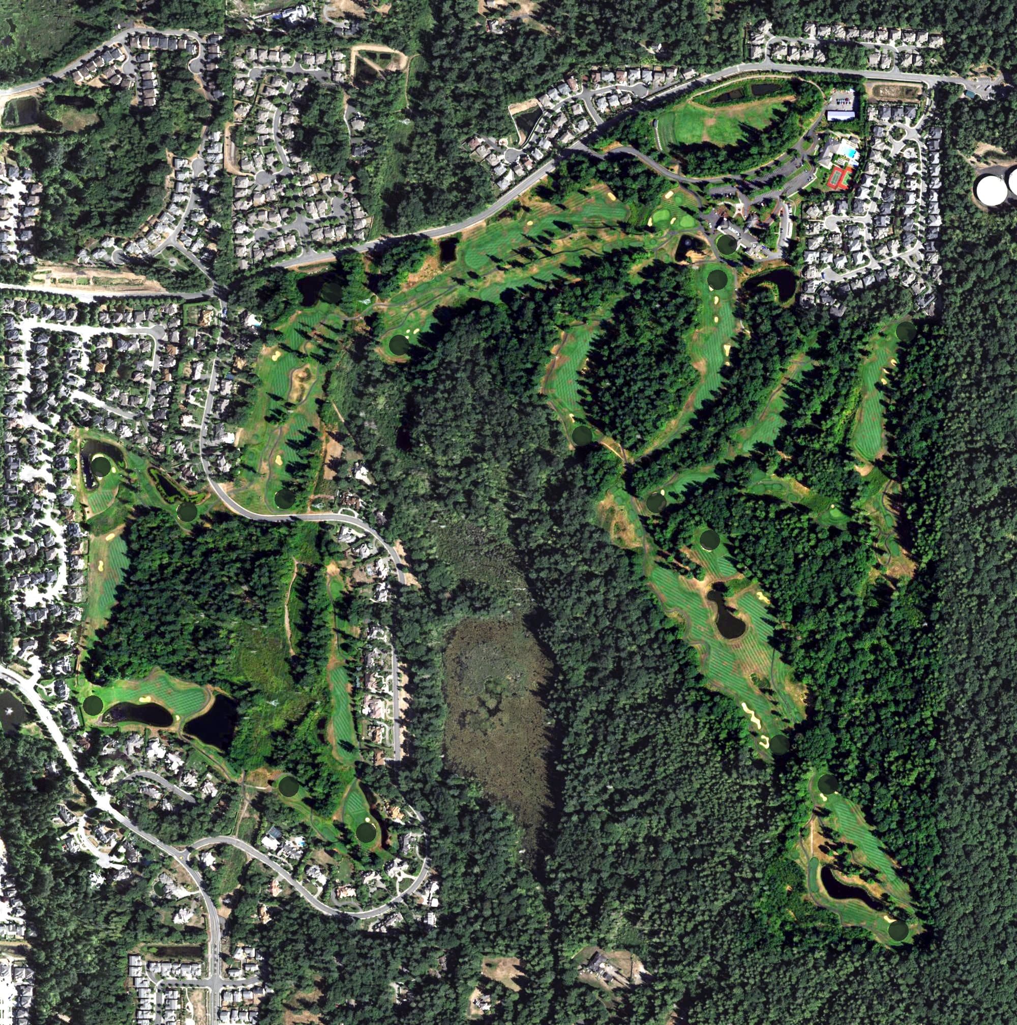 Aerial view of Plateau Club, WA, with its hole routing marked