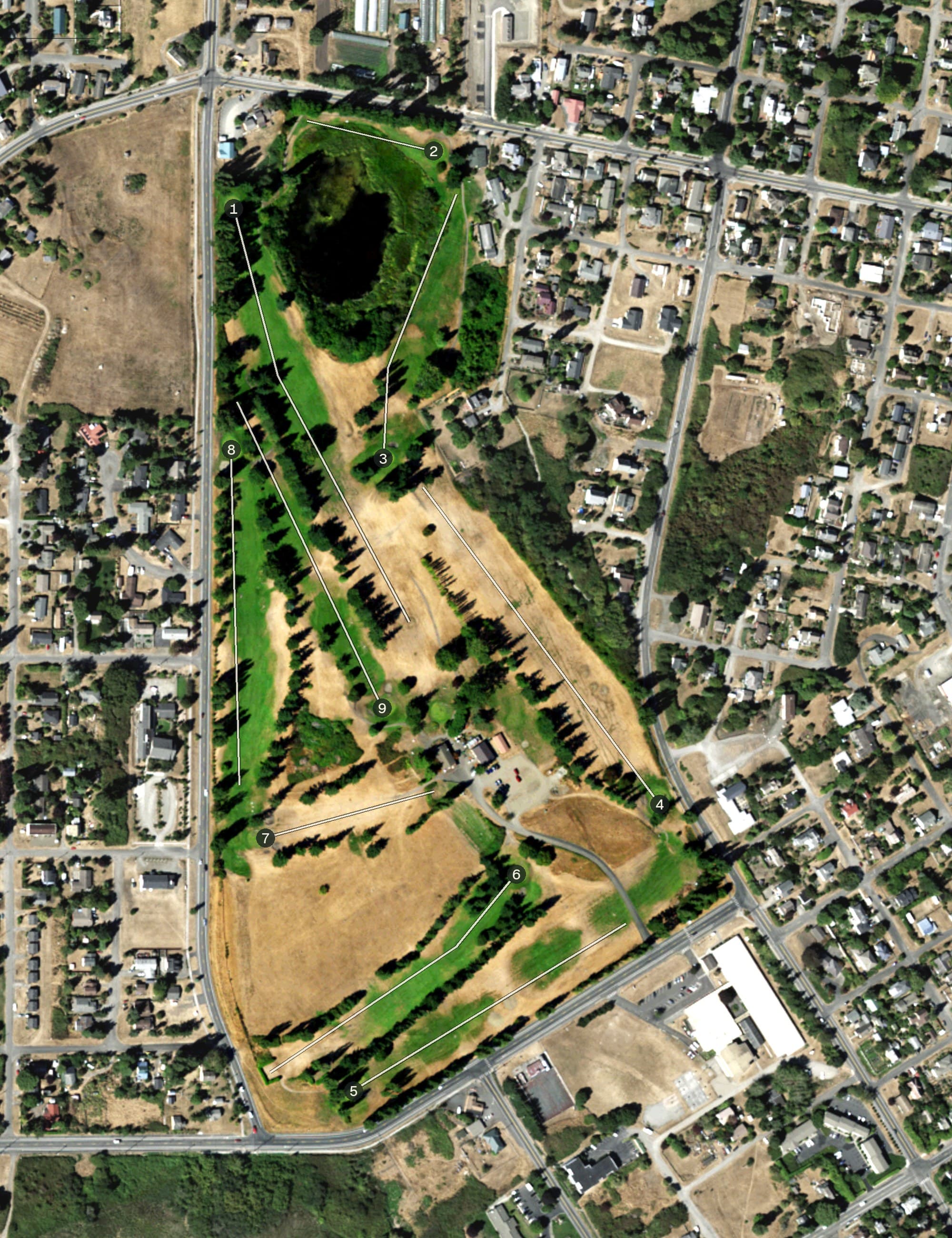Aerial view of Port Townsend Golf Park, WA, with its hole routing marked