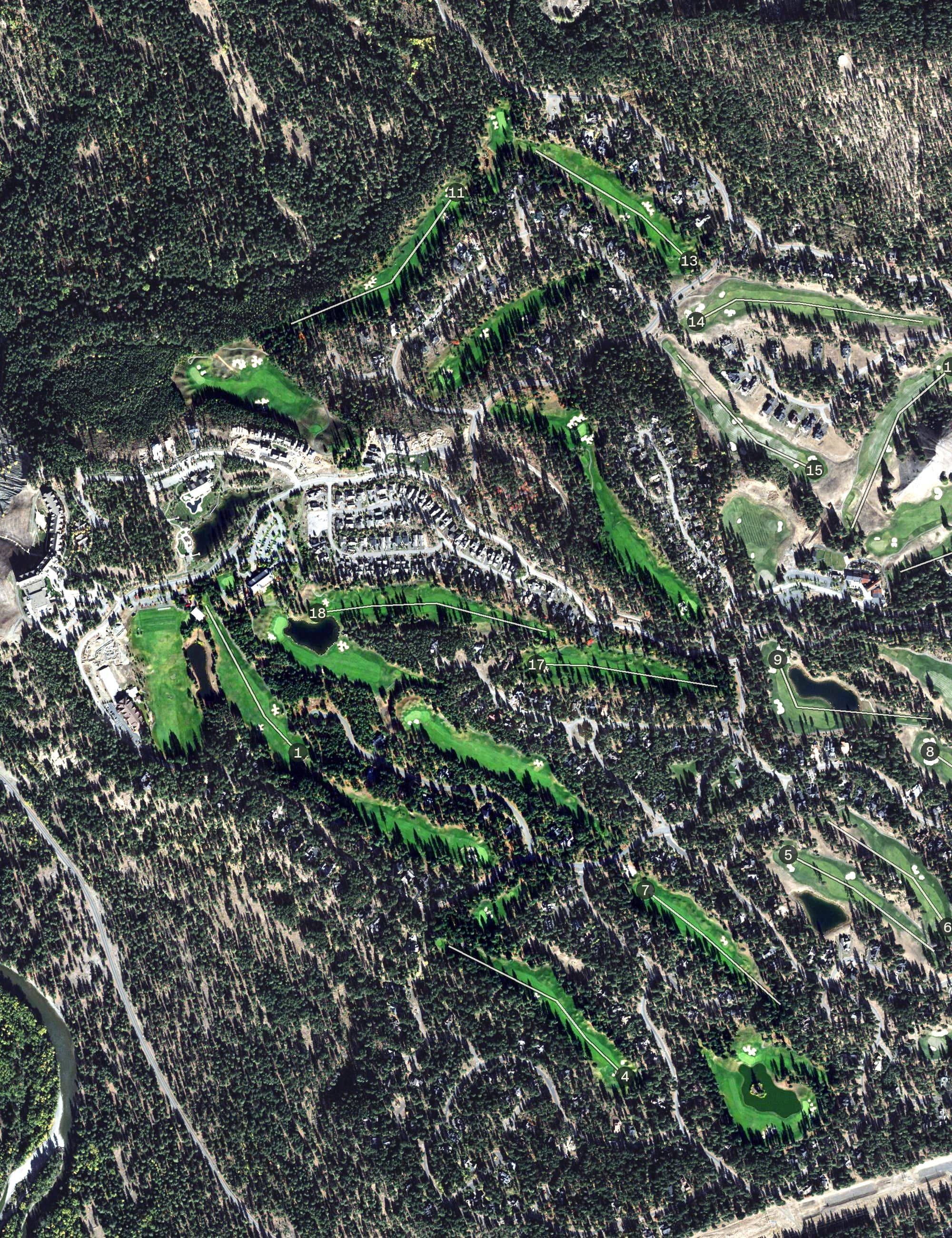Aerial view of Prospector Golf Course, WA, with its hole routing marked