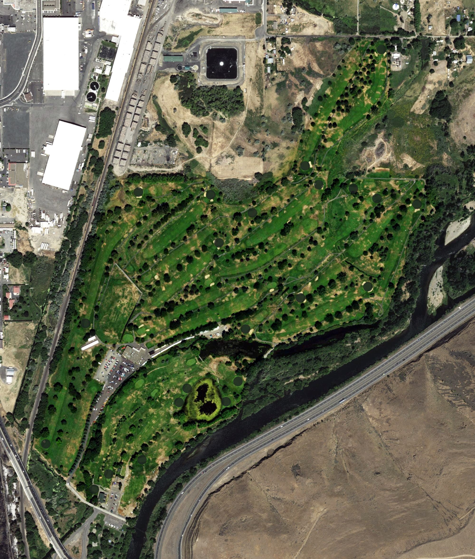 Aerial view of River Ridge Golf Course, WA, with its hole routing marked