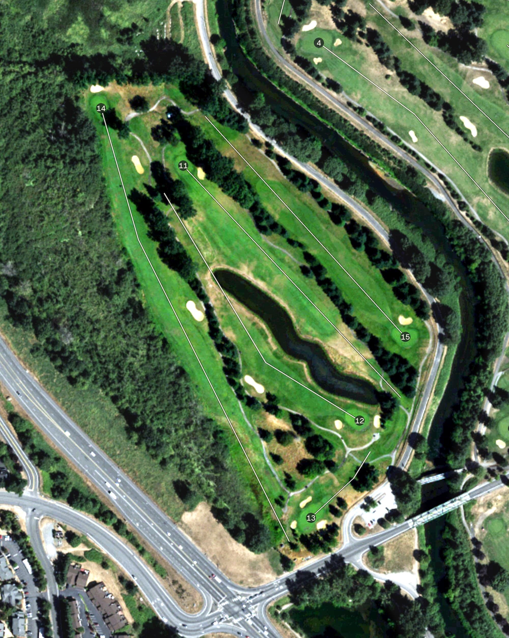 Aerial view of Riverbend 18-Hole Golf Course, WA, with its hole routing marked