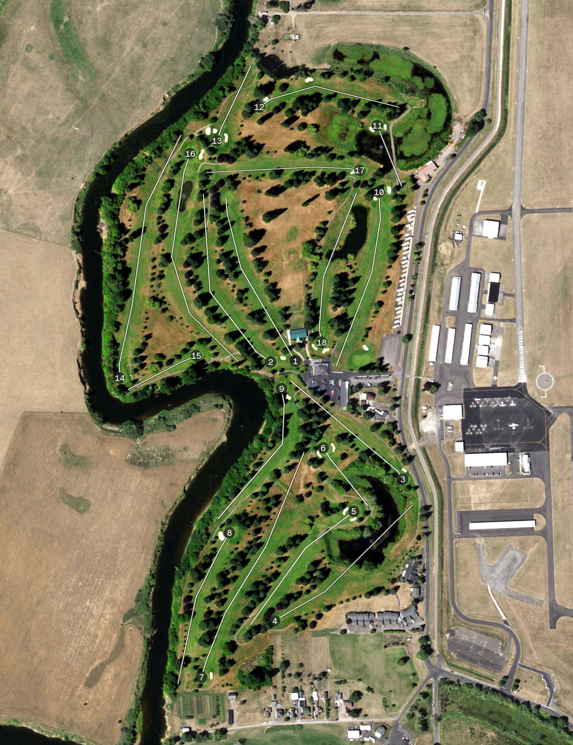 Aerial view of Riverside Golf Club, WA, with its hole routing marked