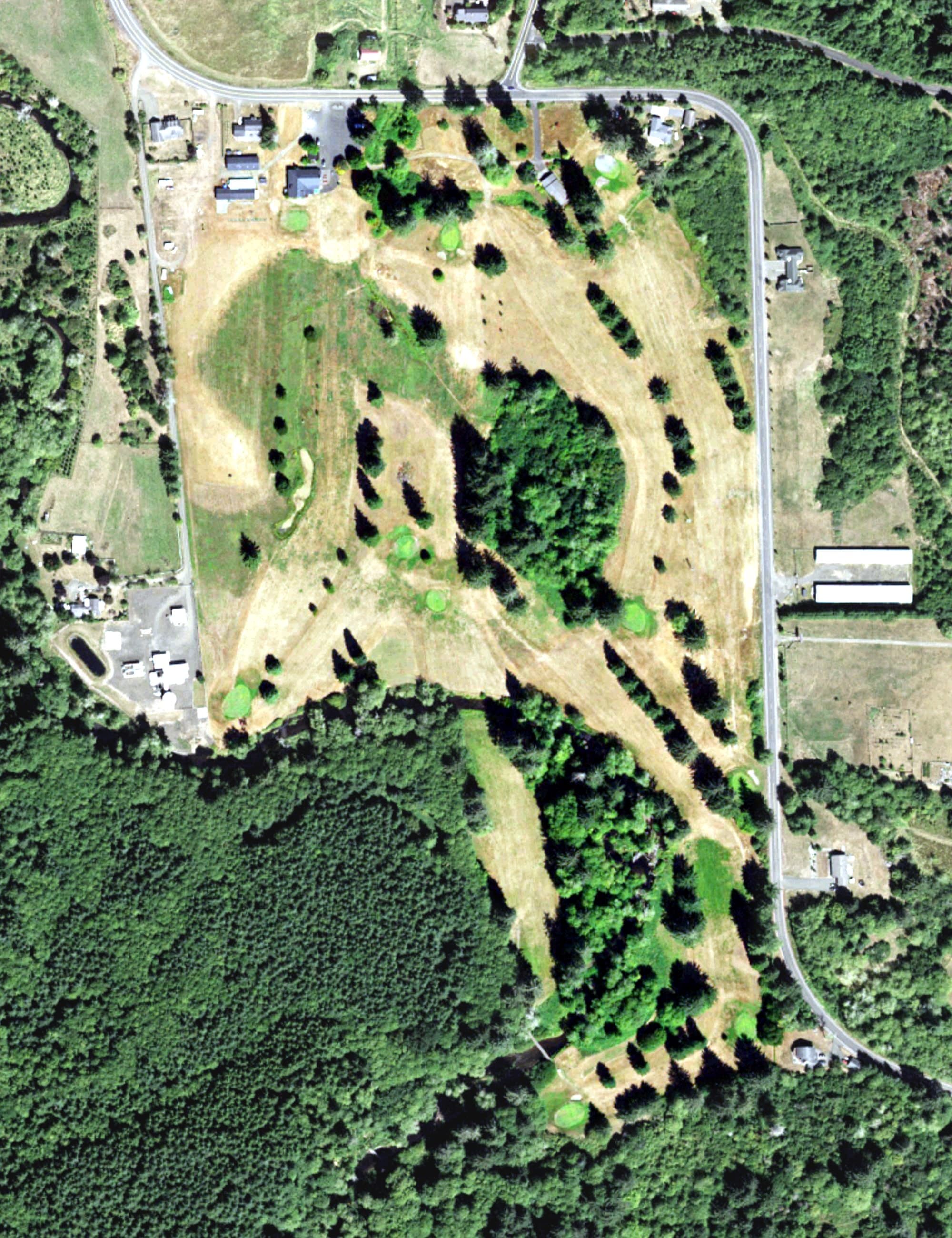 Aerial view of Riverwoods Golf Course, WA, with its hole routing marked