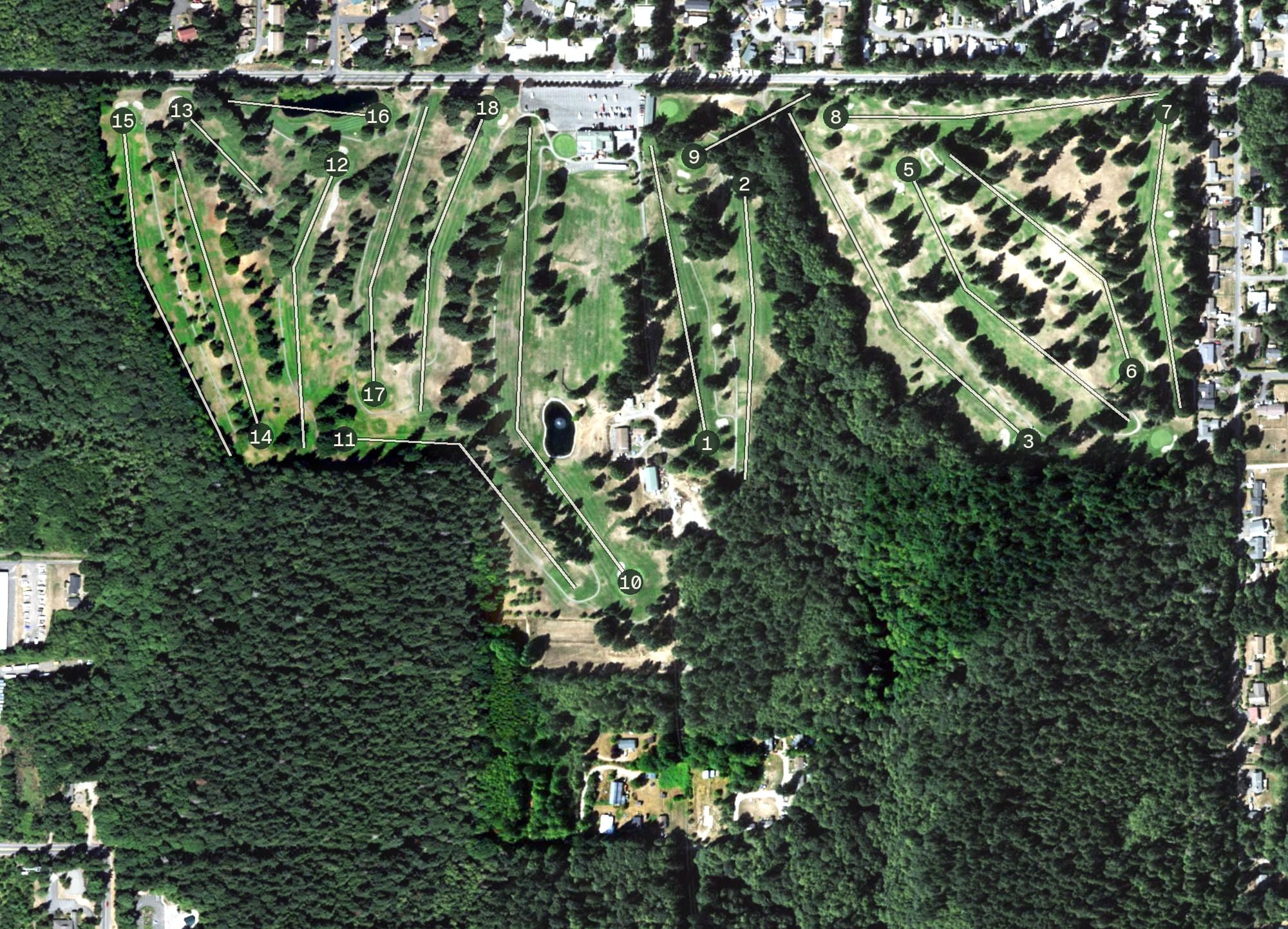 Aerial view of Rolling Hills Golf Course, WA, with its hole routing marked