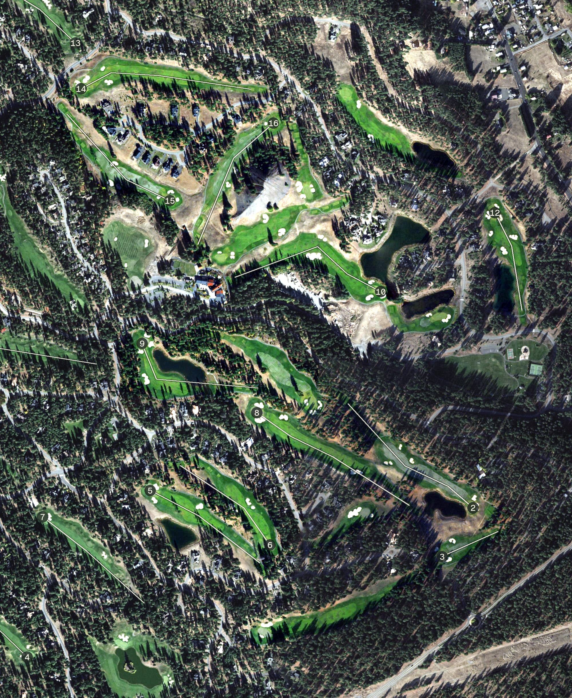 Aerial view of Rope Rider Golf Course, WA, with its hole routing marked