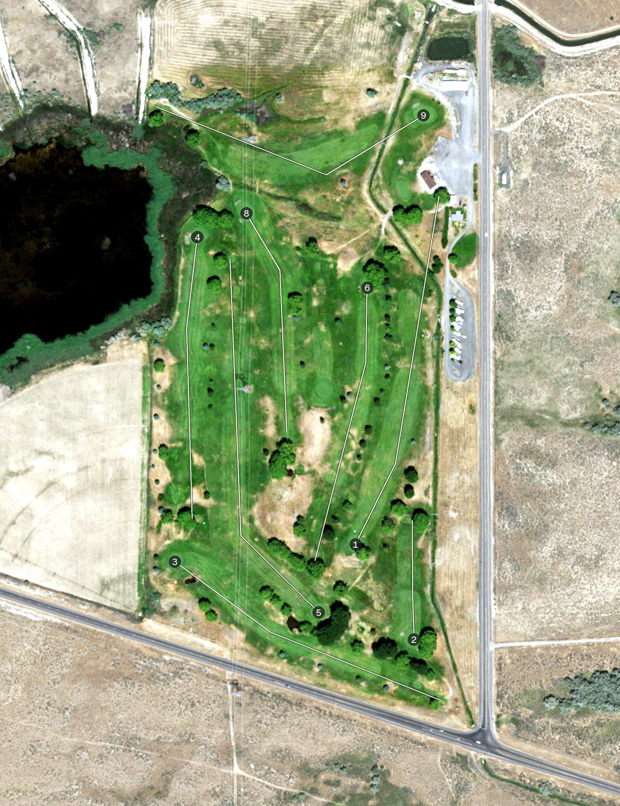Aerial view of Royal City Golf Course, WA, with its hole routing marked