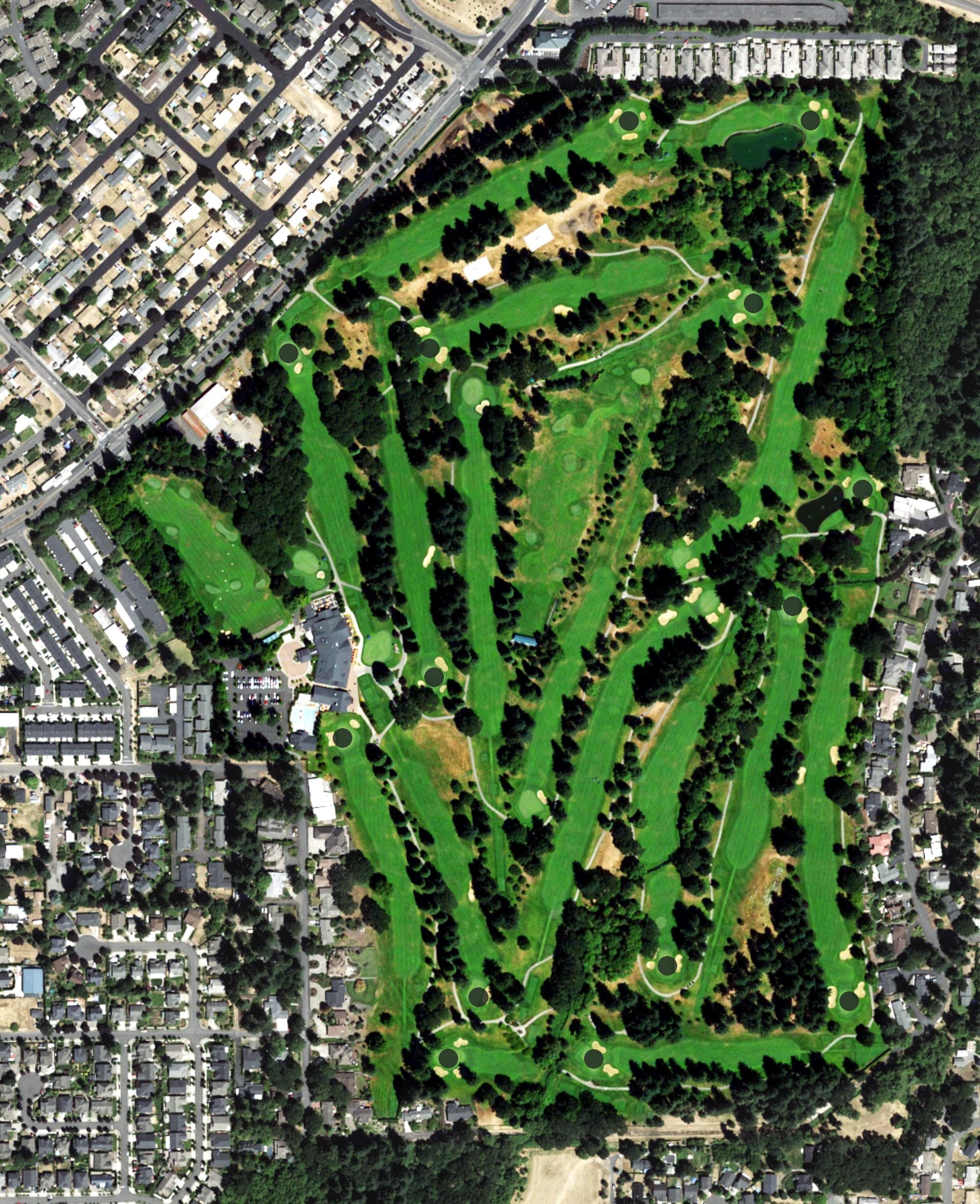 Aerial view of Royal Oaks Golf Course, WA, with its hole routing marked