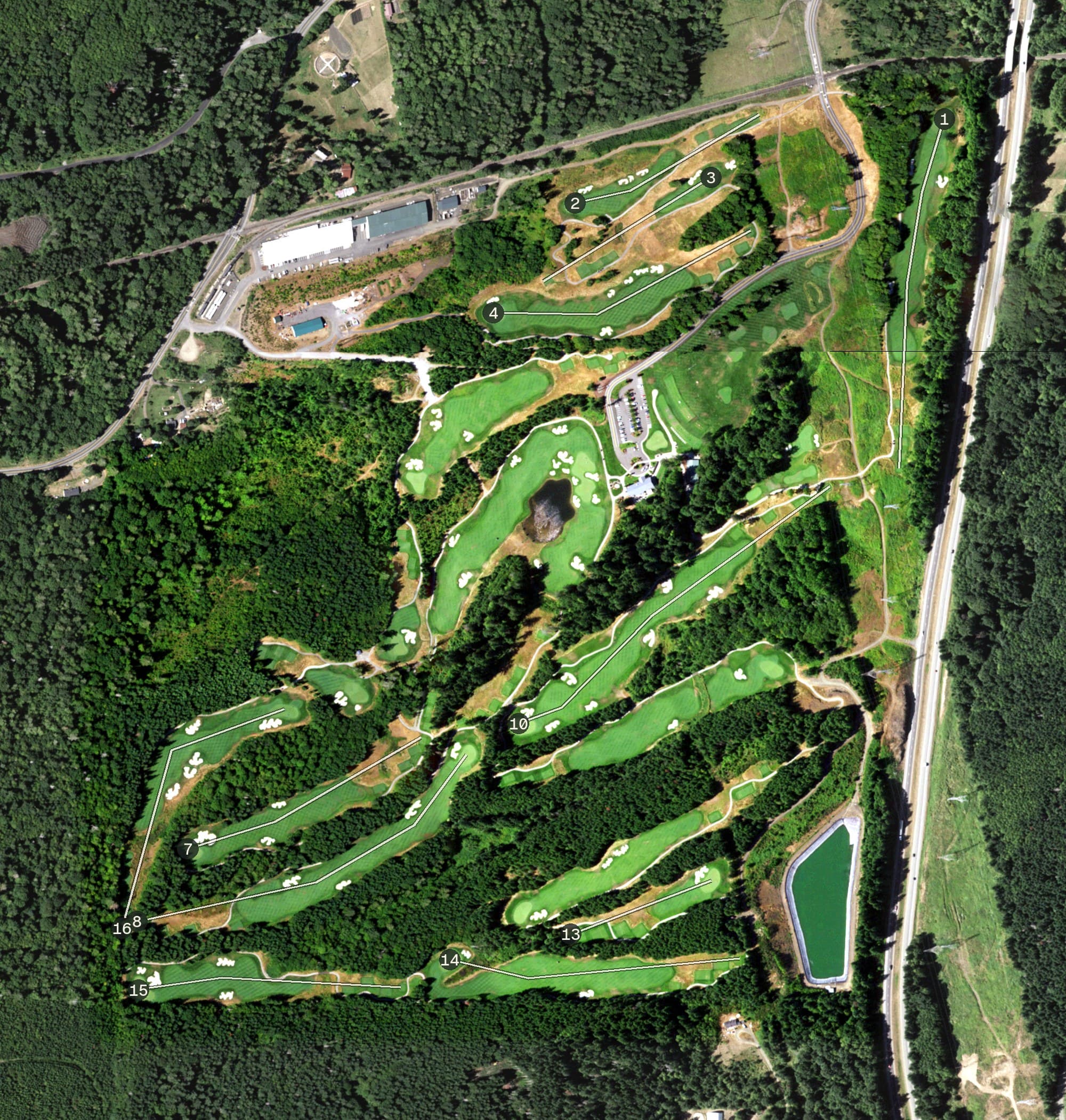 Aerial view of Salish Cliffs Golf Club, WA, with its hole routing marked