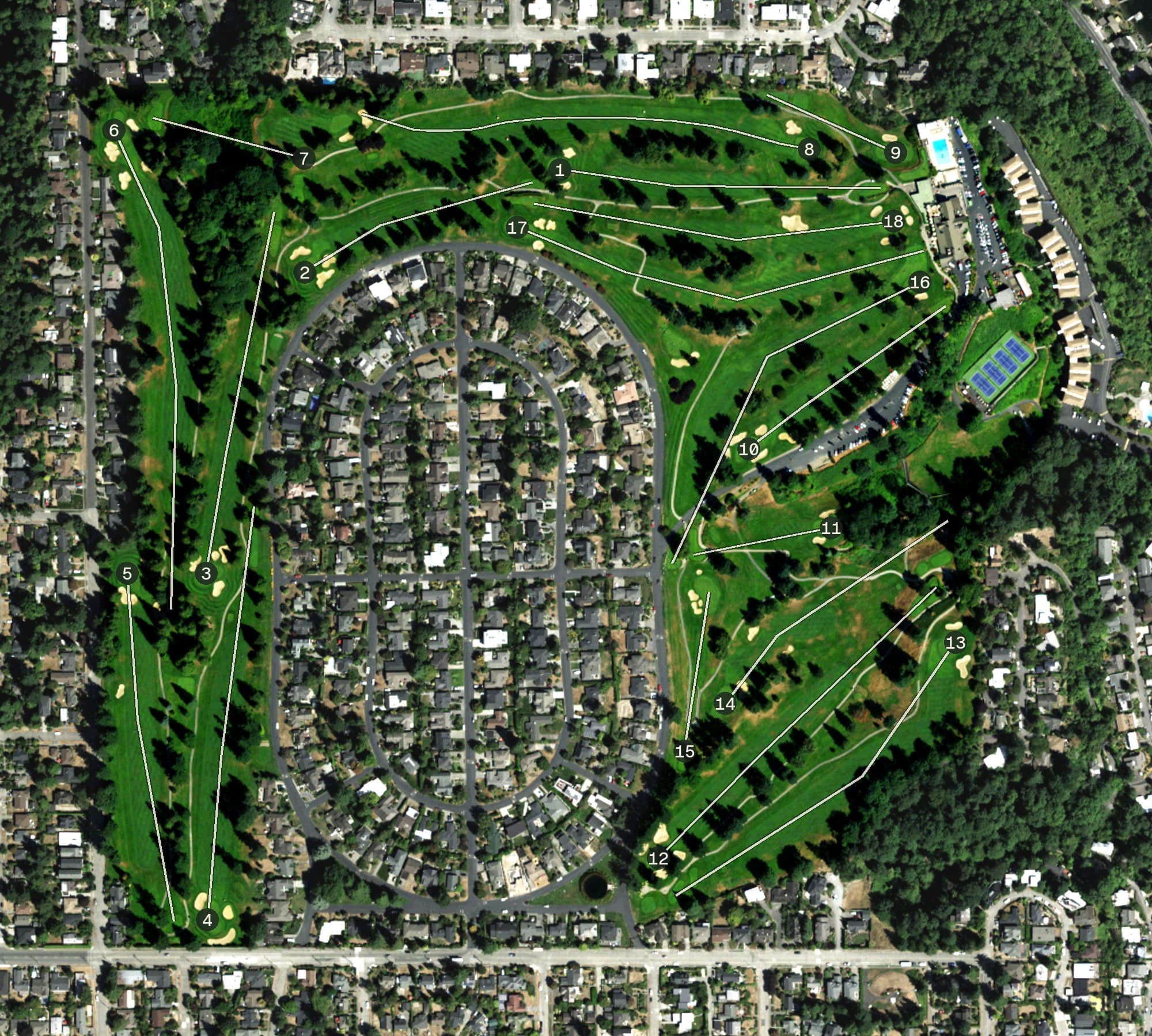 Aerial view of Sand Point Country Club, WA, with its hole routing marked