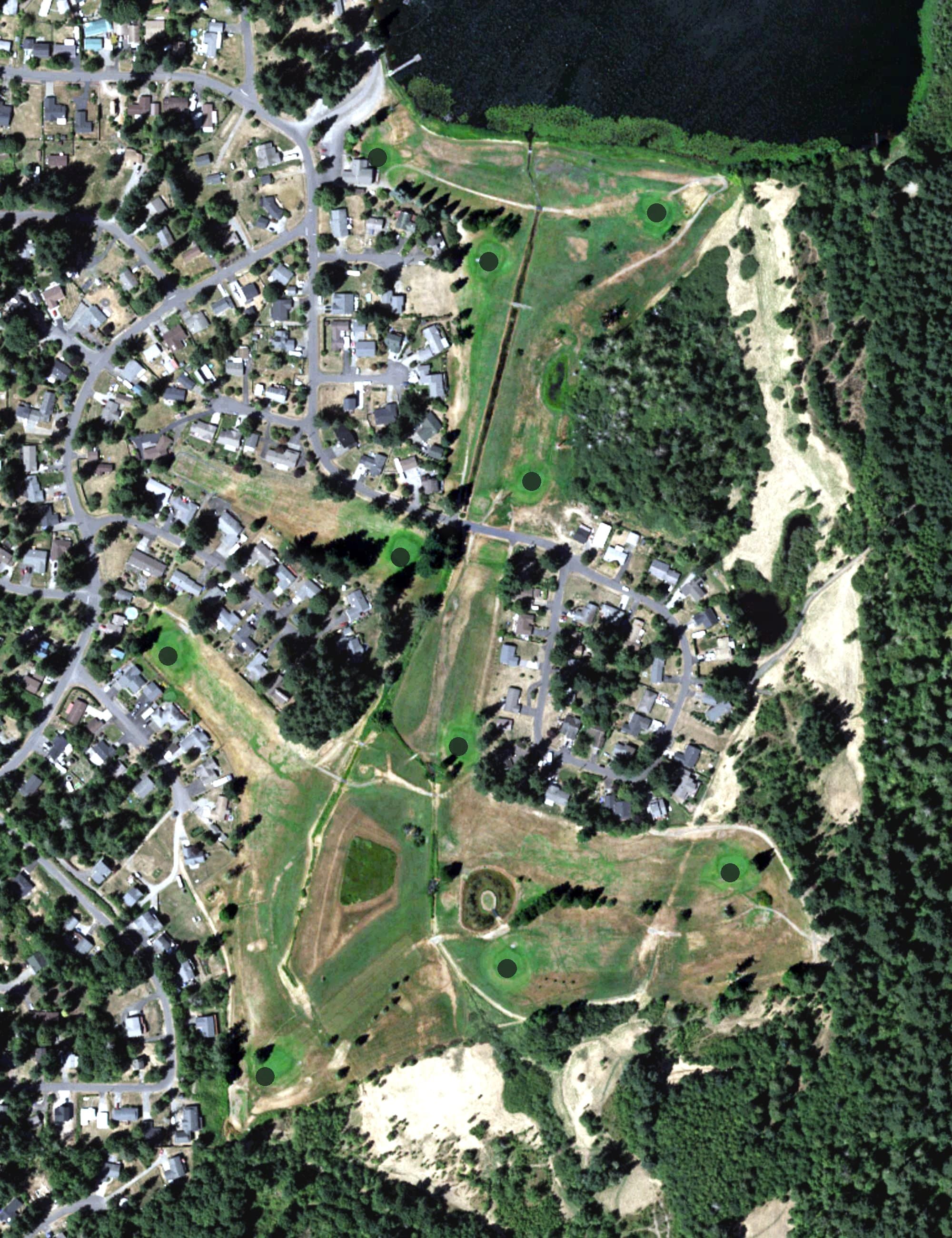 Aerial view of Scott Lake Golf Course, WA, with its hole routing marked