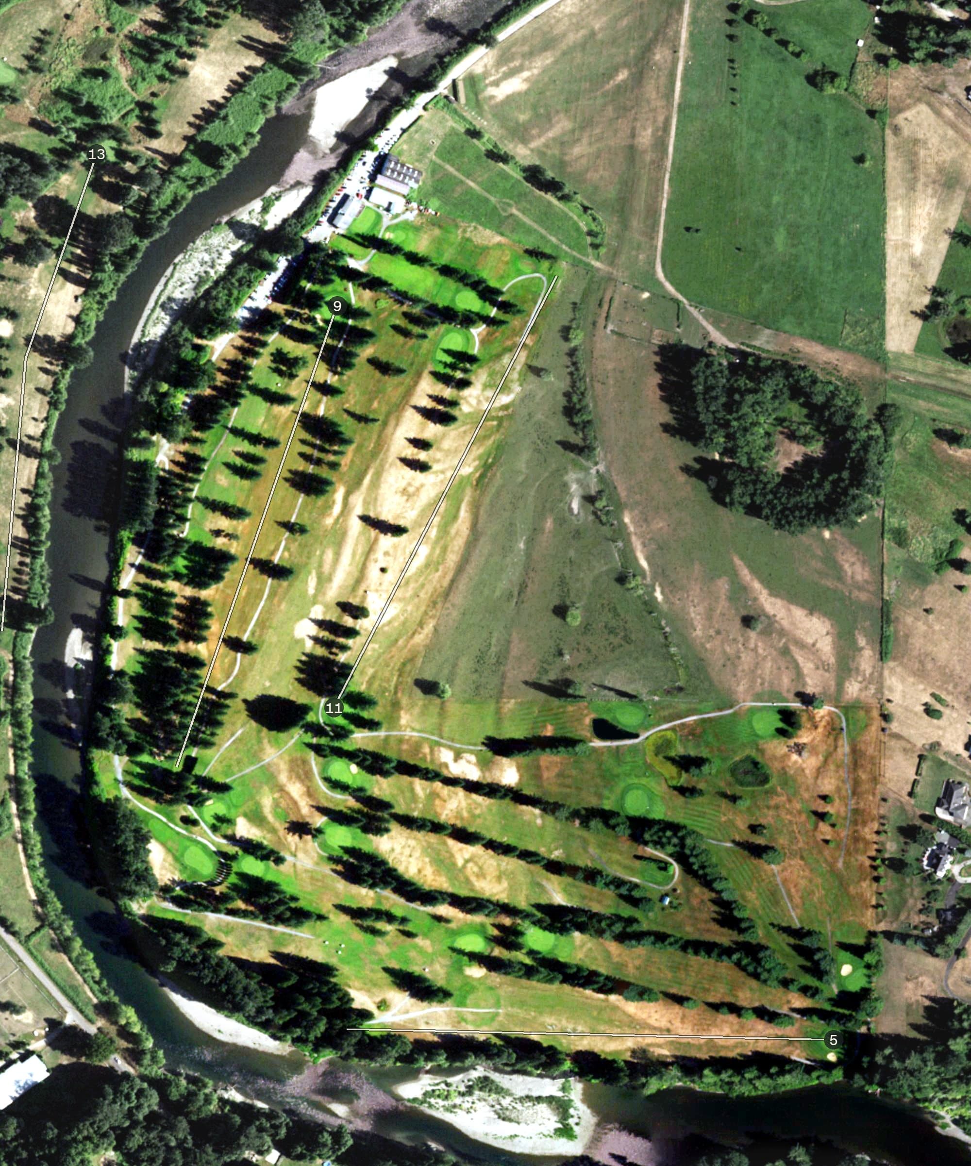 Aerial view of Snoqualmie Falls Golf Course, WA, with its hole routing marked