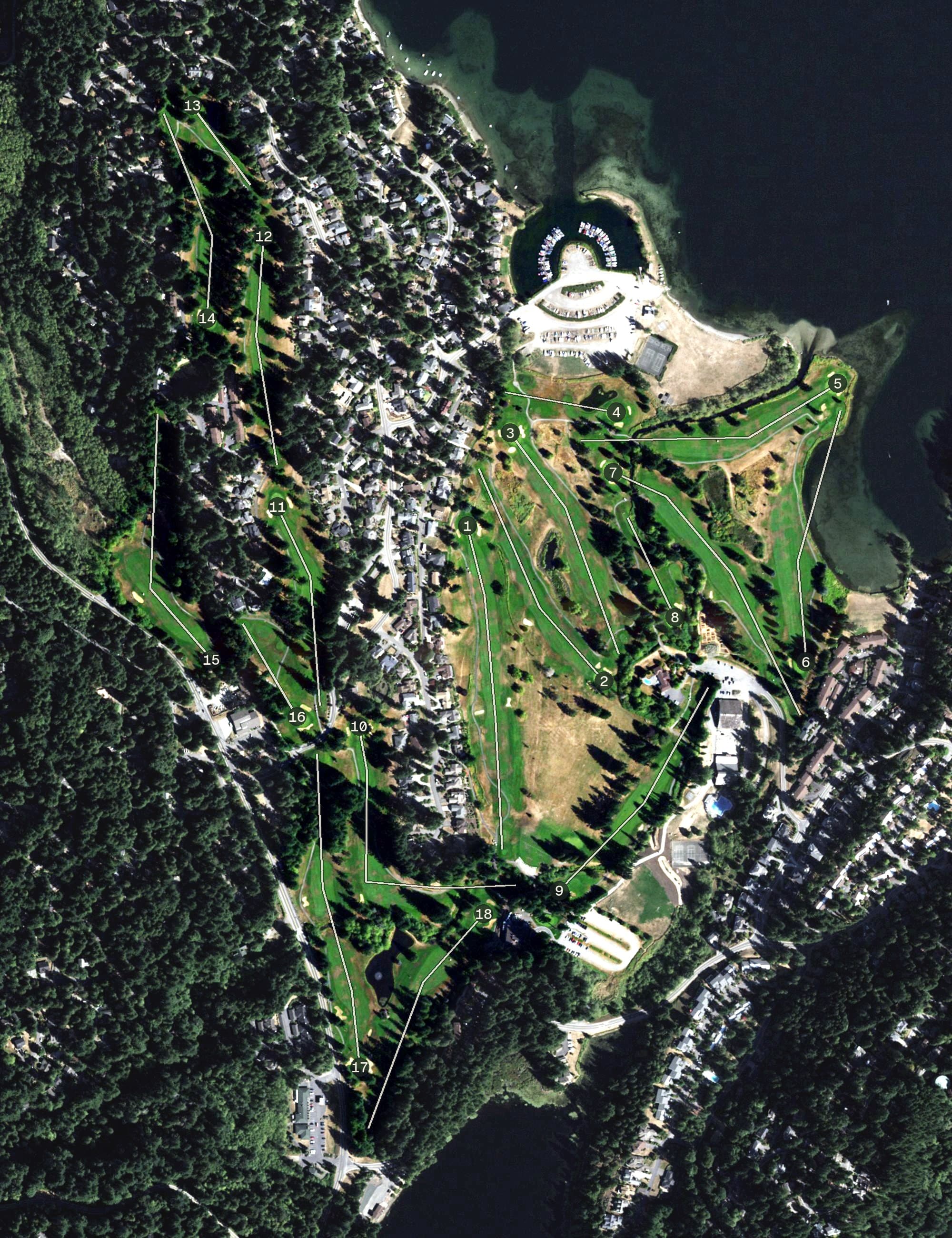 Aerial view of Sudden Valley Golf Course, WA, with its hole routing marked
