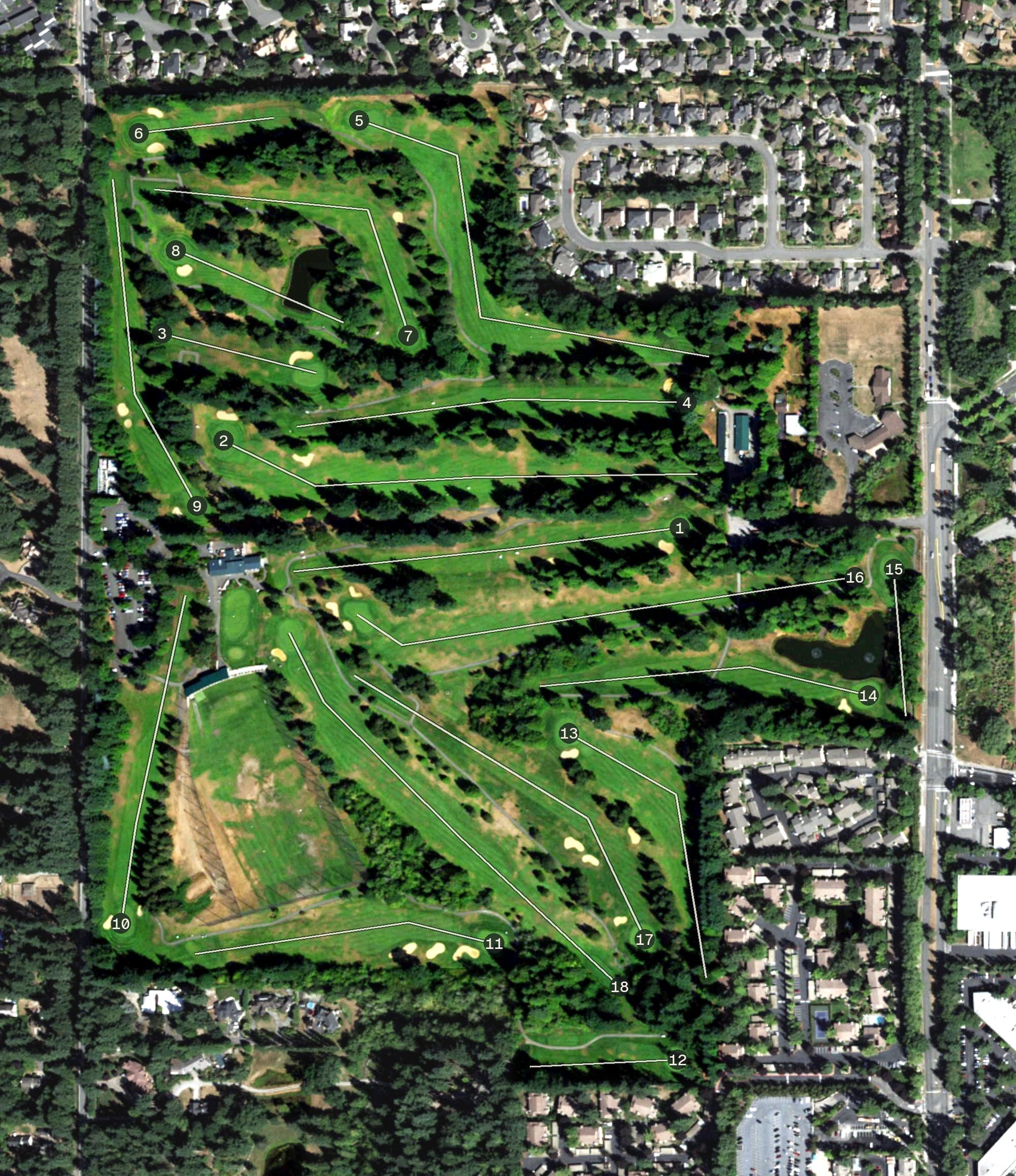Aerial view of The Bellevue Golf Course, WA, with its hole routing marked