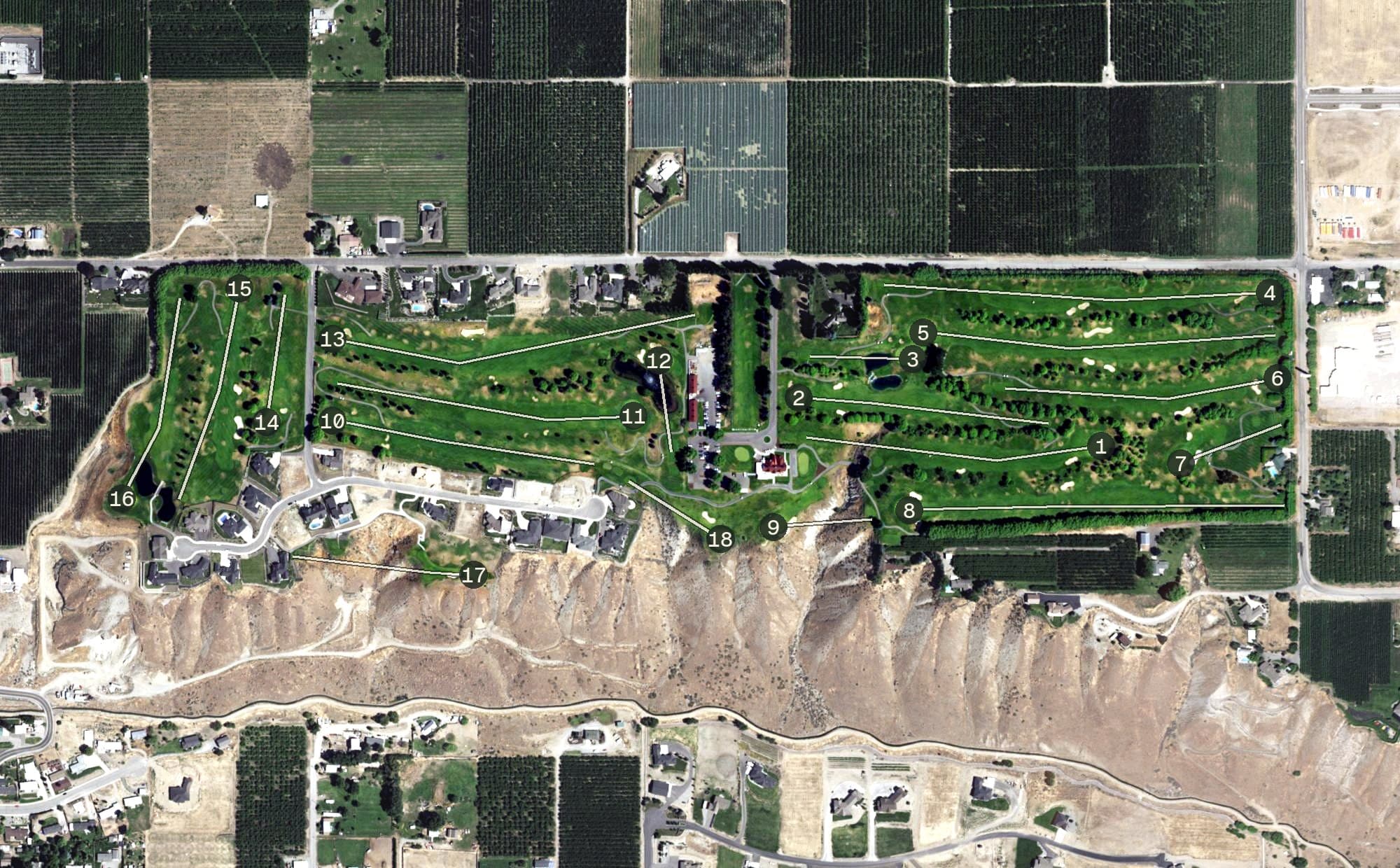 Aerial view of The Highlander Golf Club, WA, with its hole routing marked