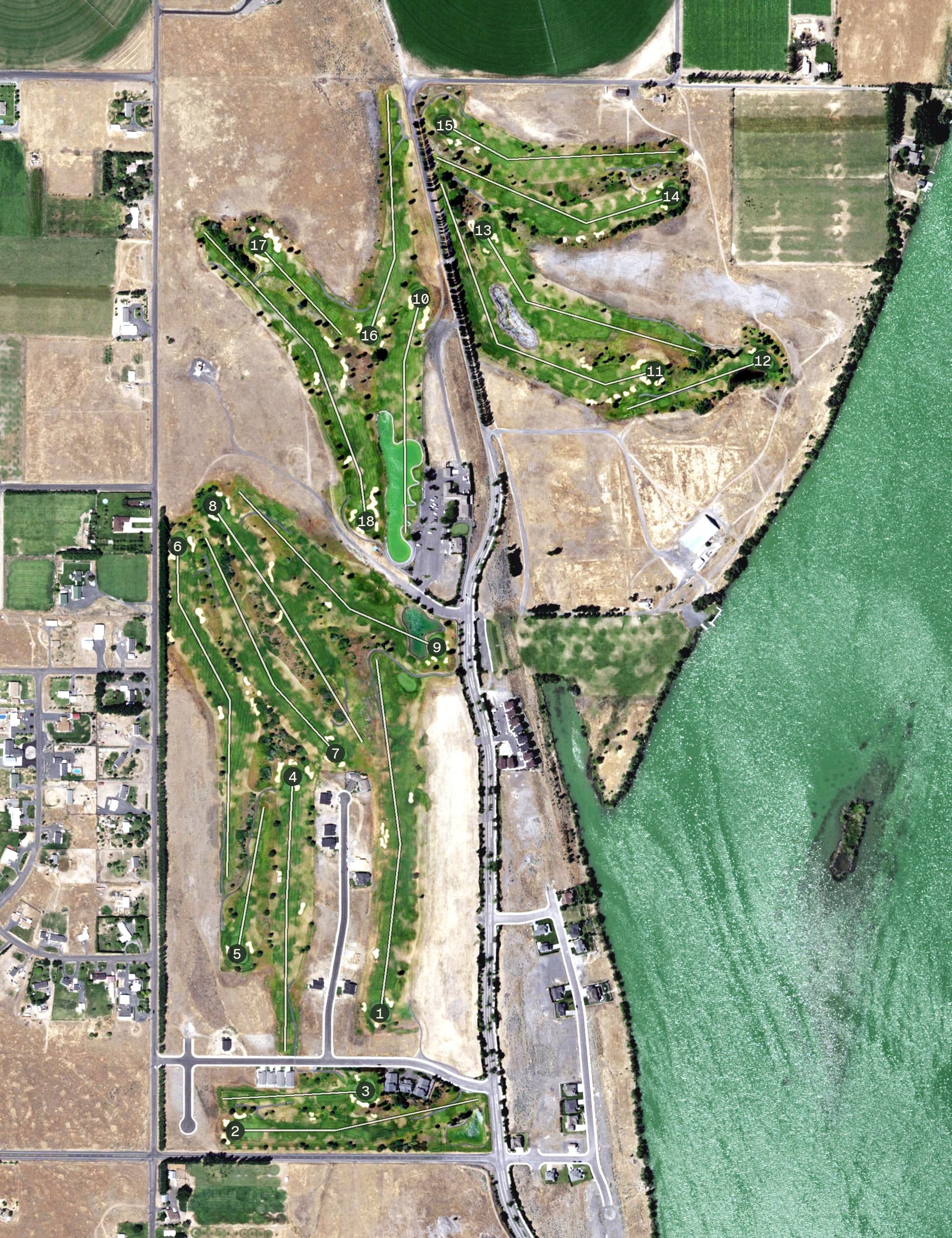 Aerial view of The Links At Moses Pointe, WA, with its hole routing marked