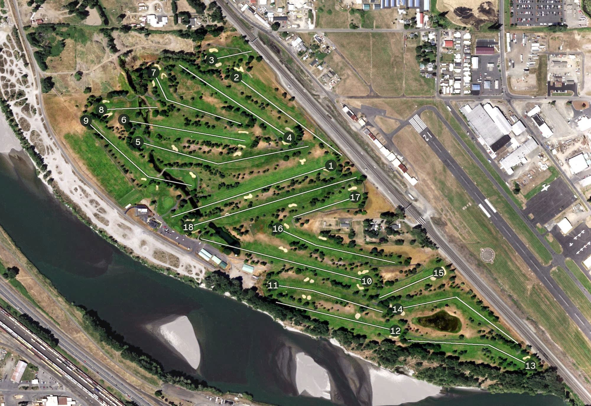 Aerial view of Three Rivers Golf Course, WA, with its hole routing marked