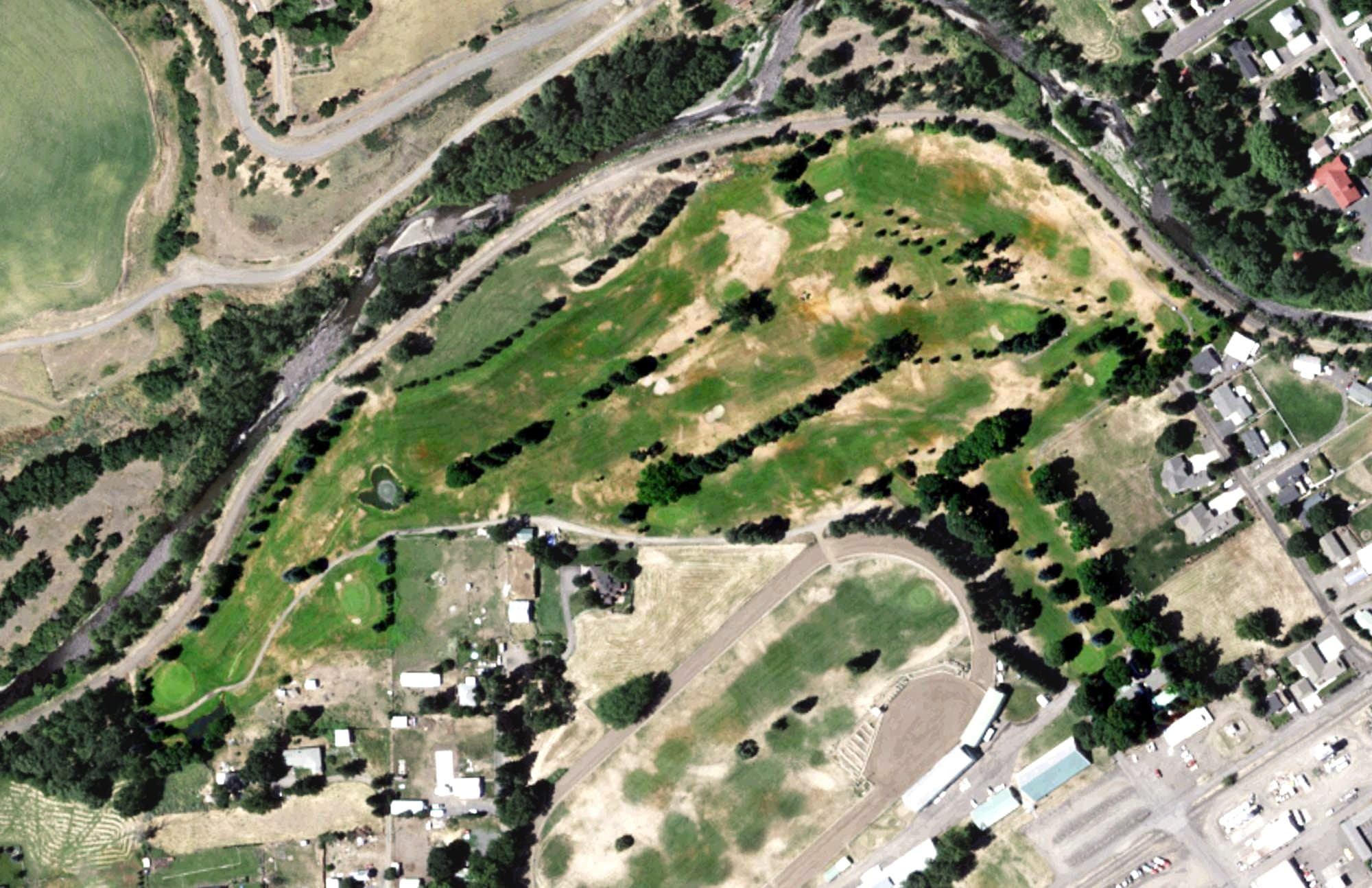 Aerial view of Touchet Valley Golf Course, WA, with its hole routing marked