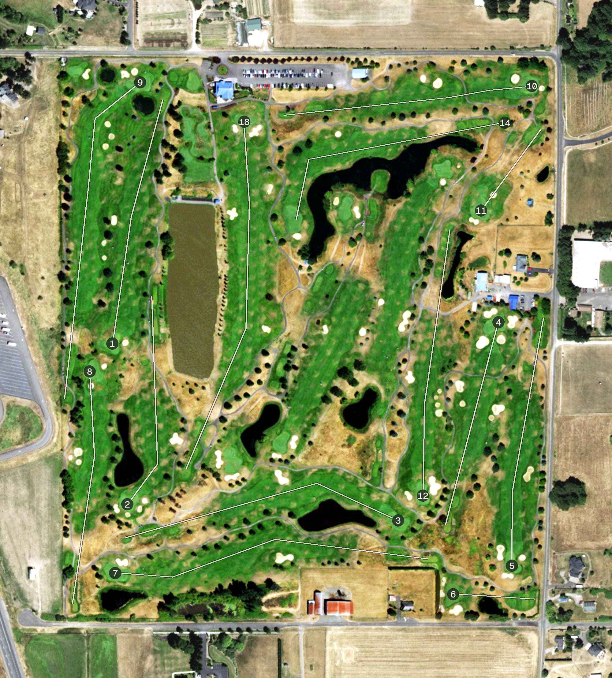 Aerial view of Tri Mountain Golf Course, WA, with its hole routing marked