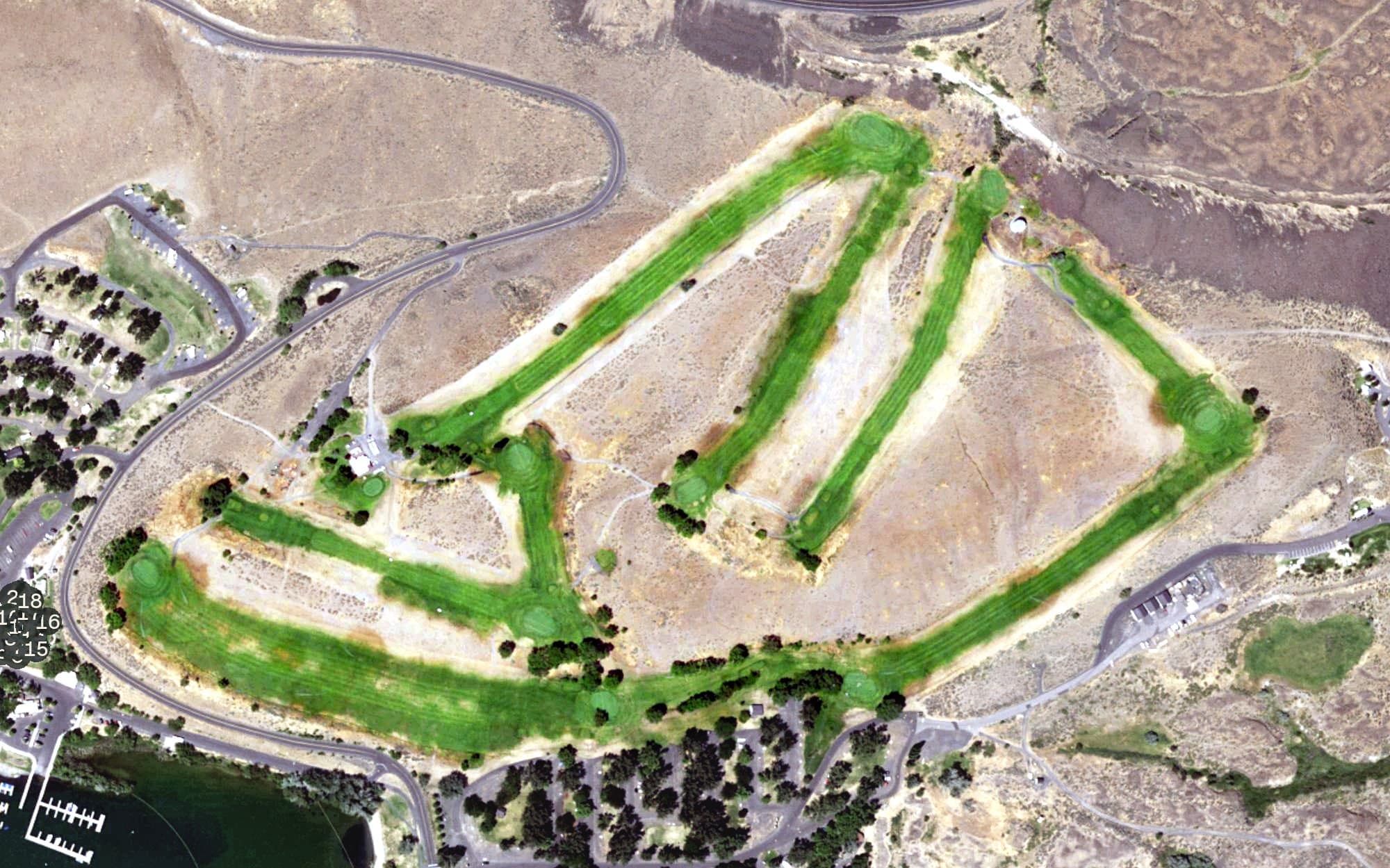 Aerial view of Vic Meyers Golf Course, WA, with its hole routing marked