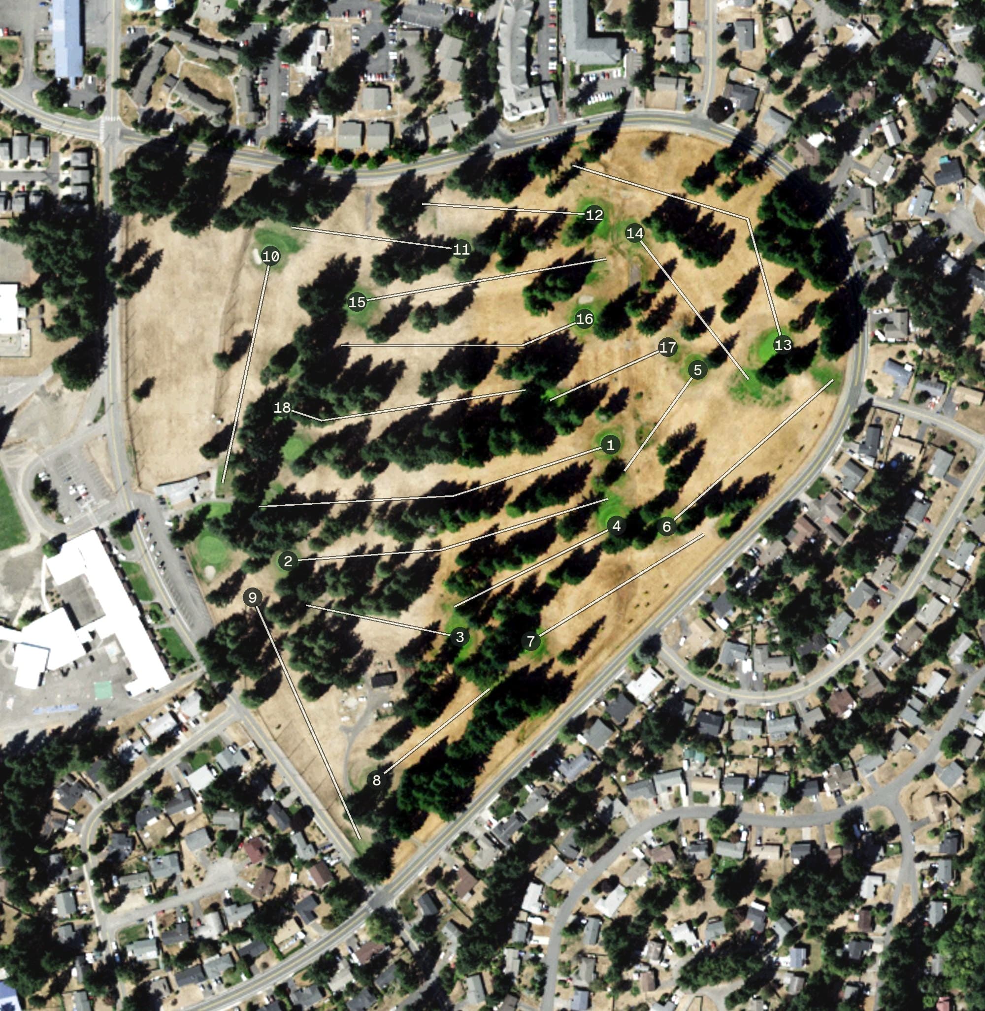 Aerial view of Village Greens Golf Course, WA, with its hole routing marked