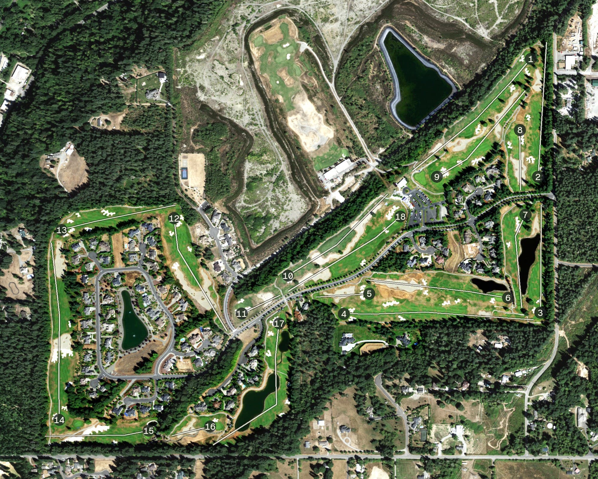Aerial view of Washington National Golf Club, WA, with its hole routing marked