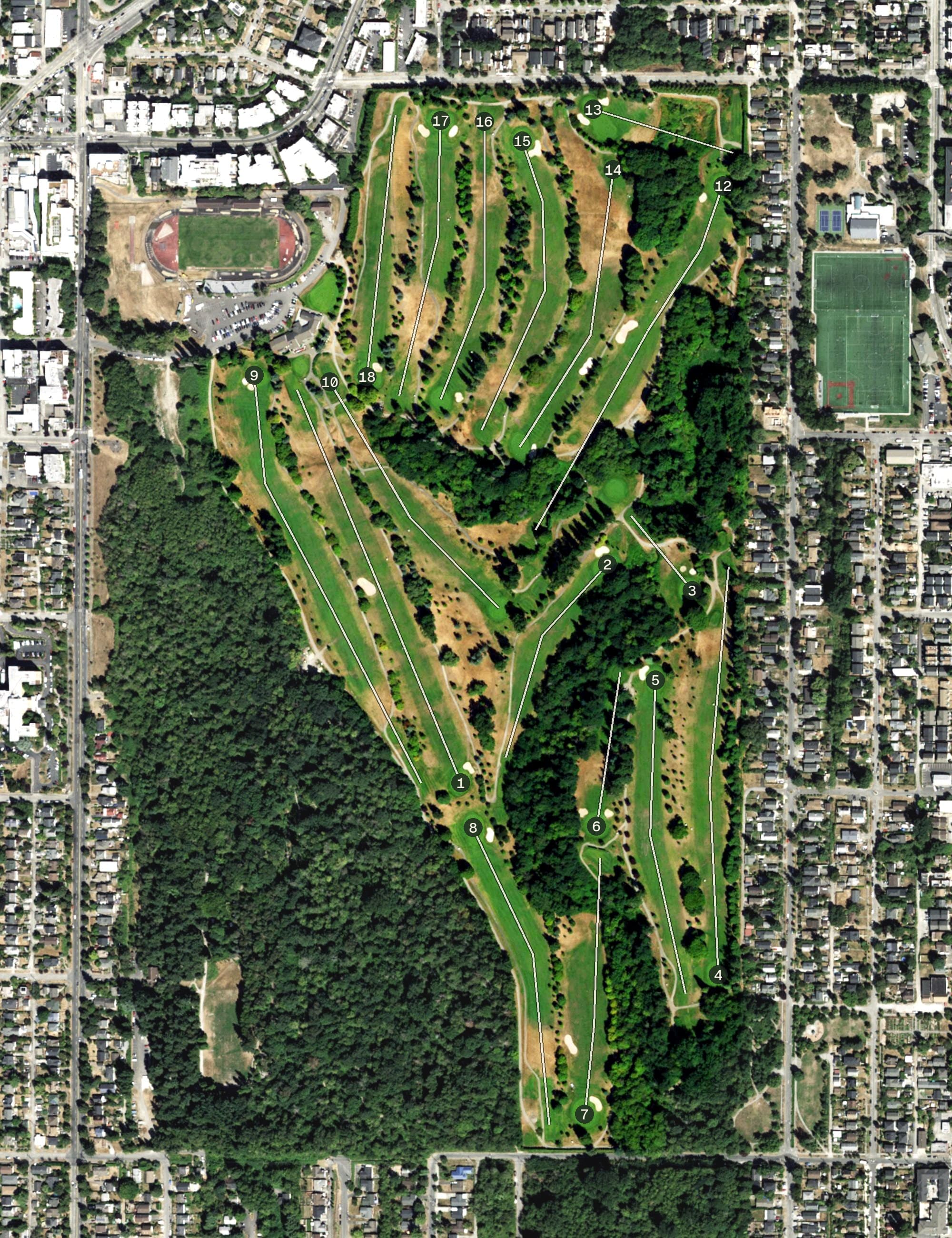 Aerial view of West Seattle Golf Course, WA, with its hole routing marked
