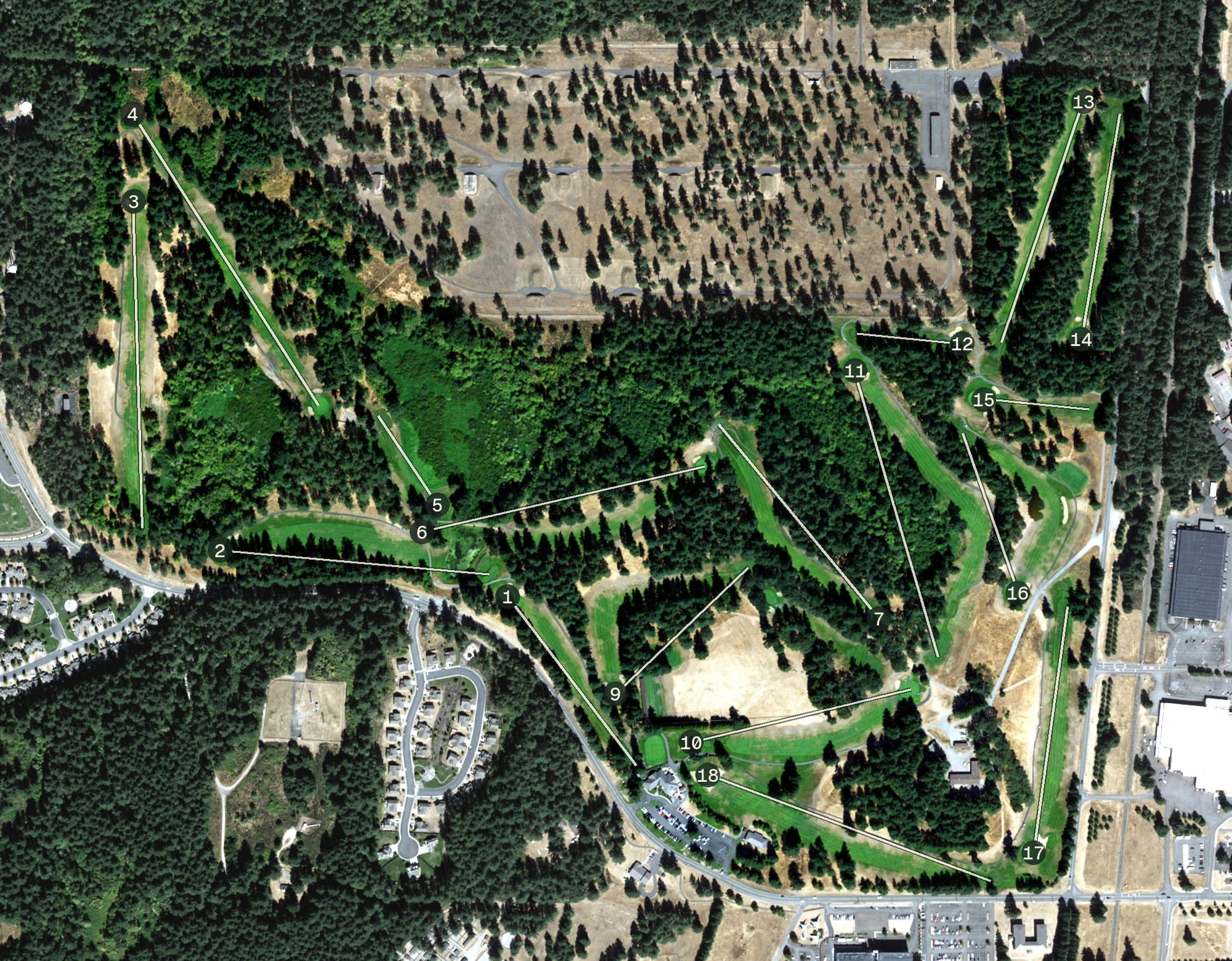 Aerial view of Whispering Firs Golf Course, WA, with its hole routing marked