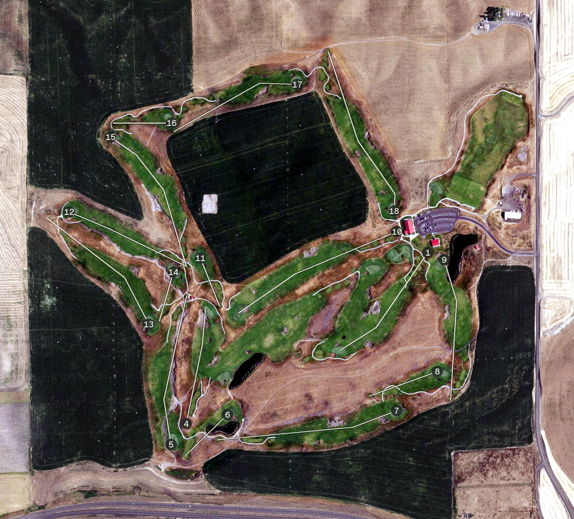 Aerial view of Wine Valley Golf Club, WA, with its hole routing marked