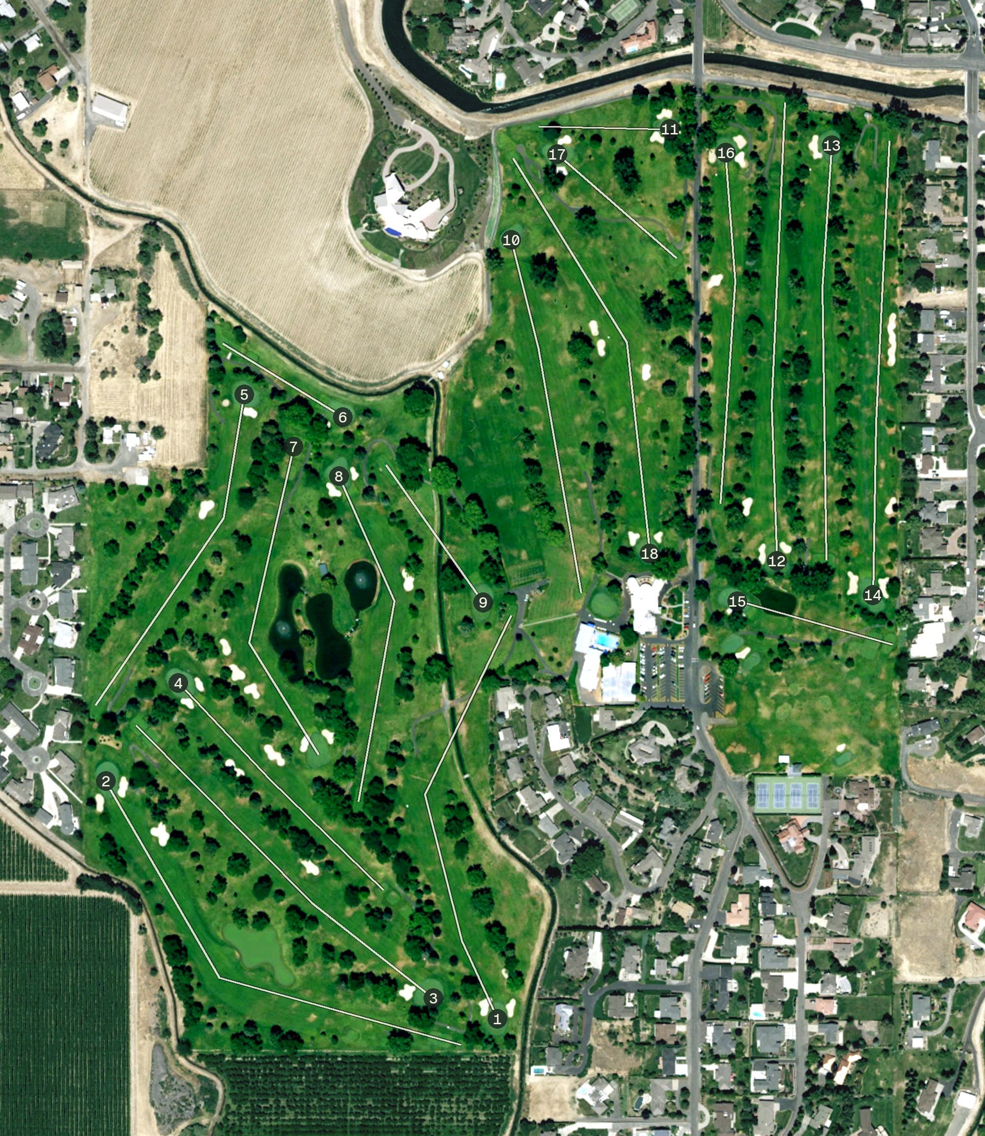Aerial view of Yakima Country Club, WA, with its hole routing marked