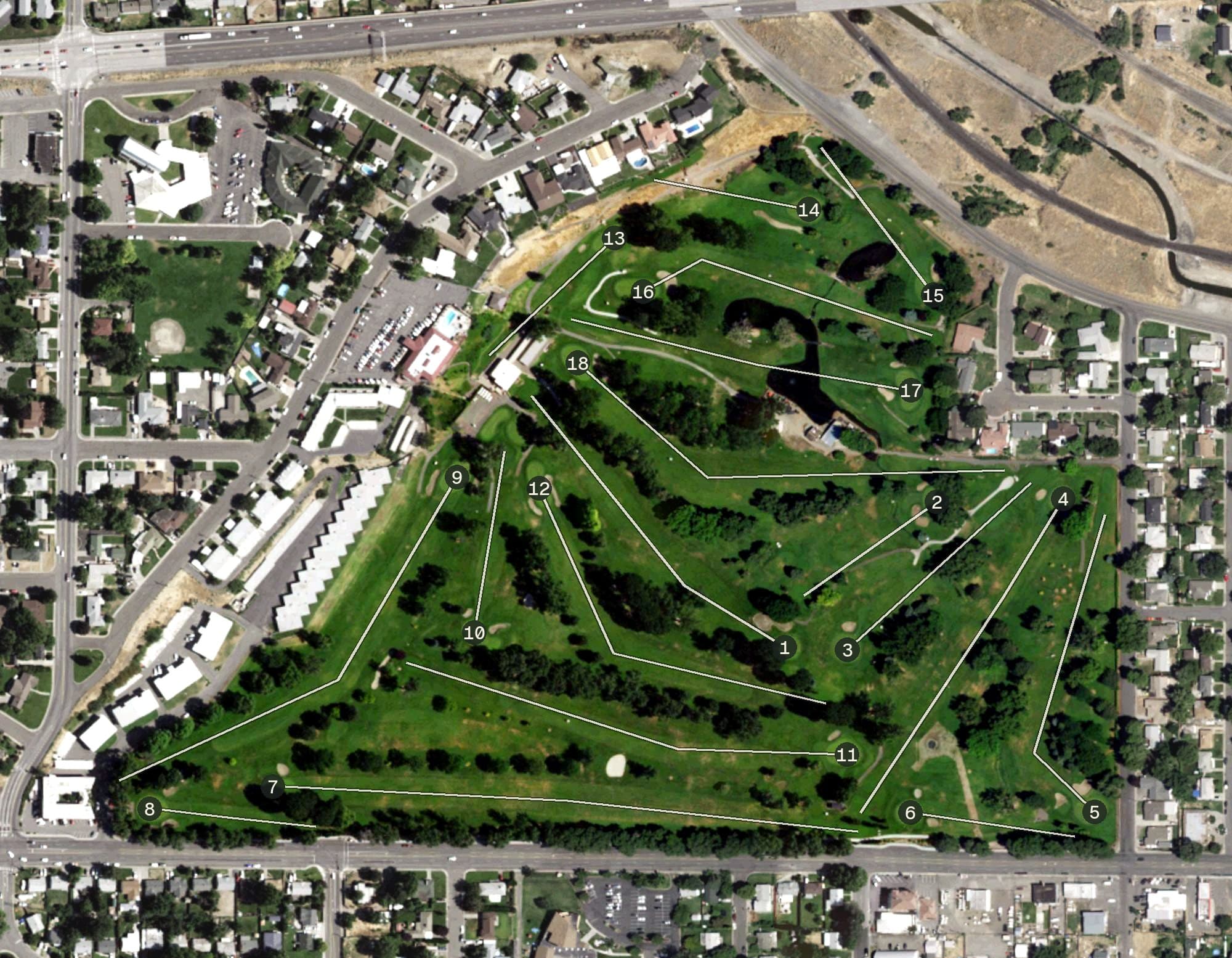 Aerial view of Zintel Creek Golf Club, WA, with its hole routing marked
