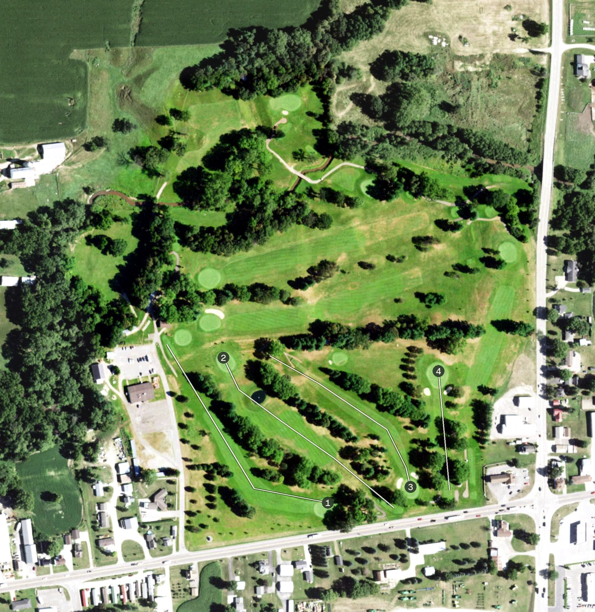 Aerial view of Arcadia Country Club, WI, with its hole routing marked