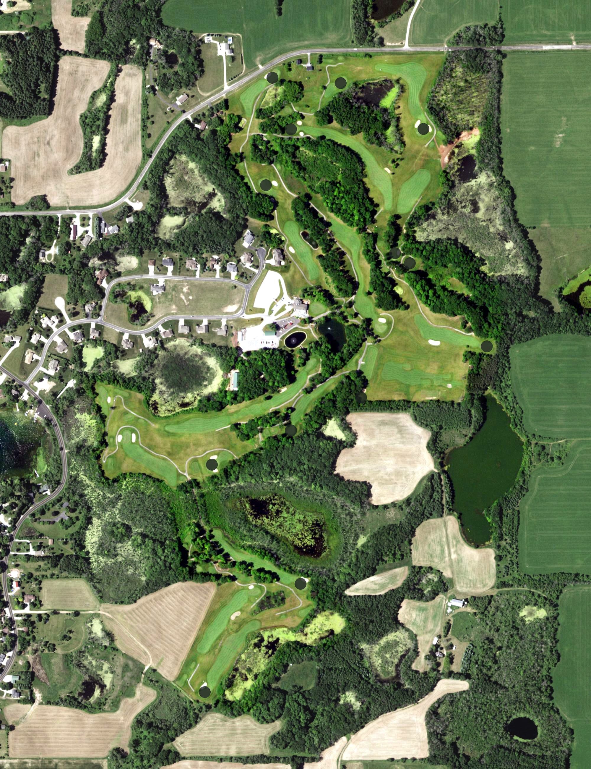Aerial view of Autumn Ridge Colf Course, WI, with its hole routing marked