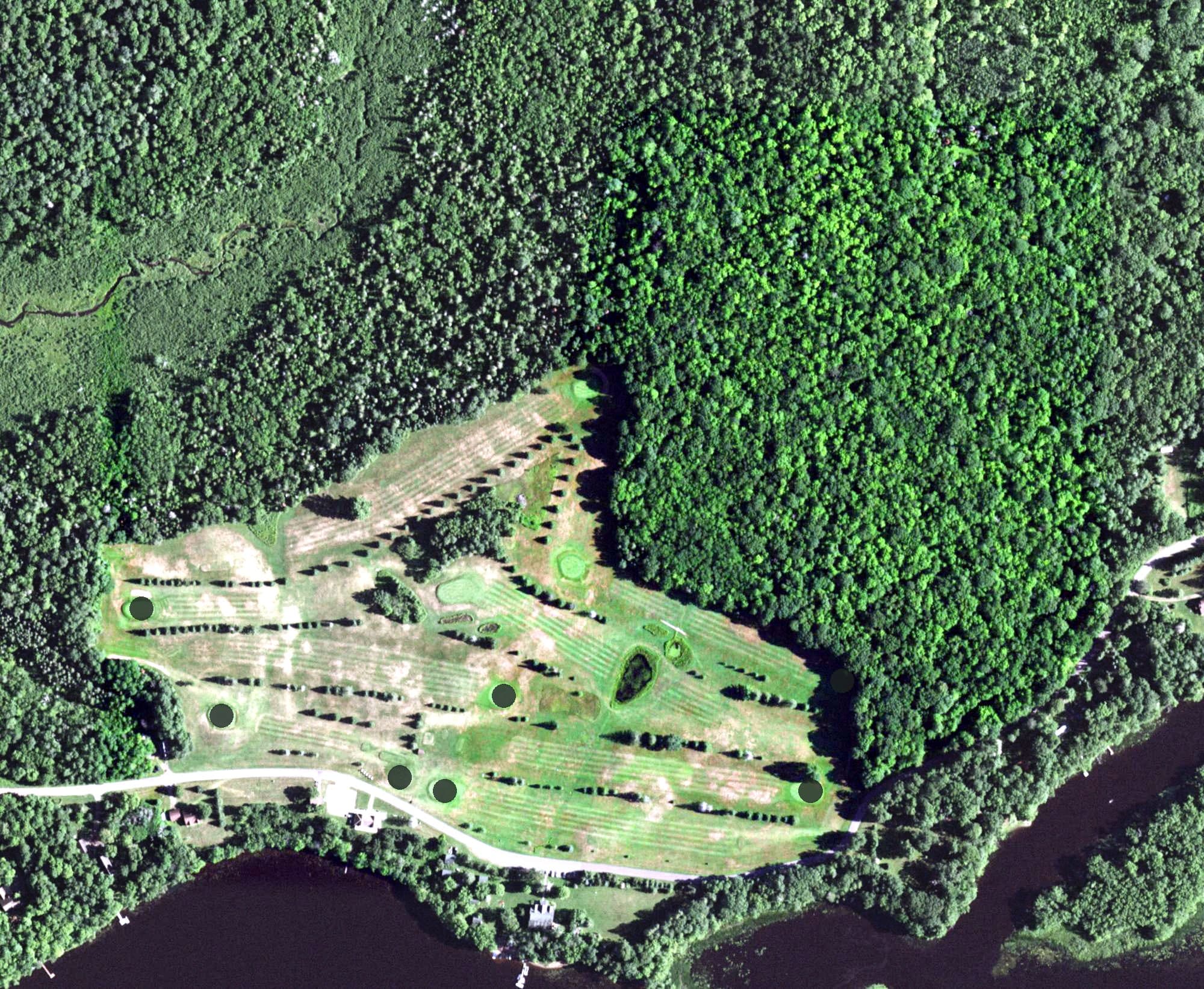 Aerial view of Barker Lake Golf Course, WI, with its hole routing marked