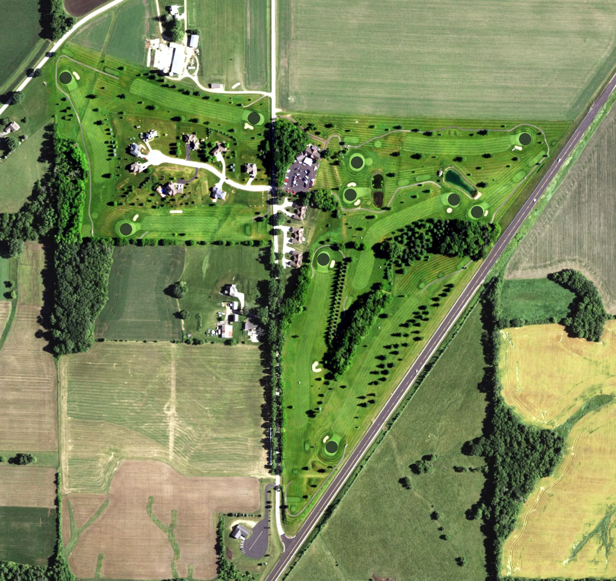 Aerial view of Bass Creek Golf Club, WI, with its hole routing marked