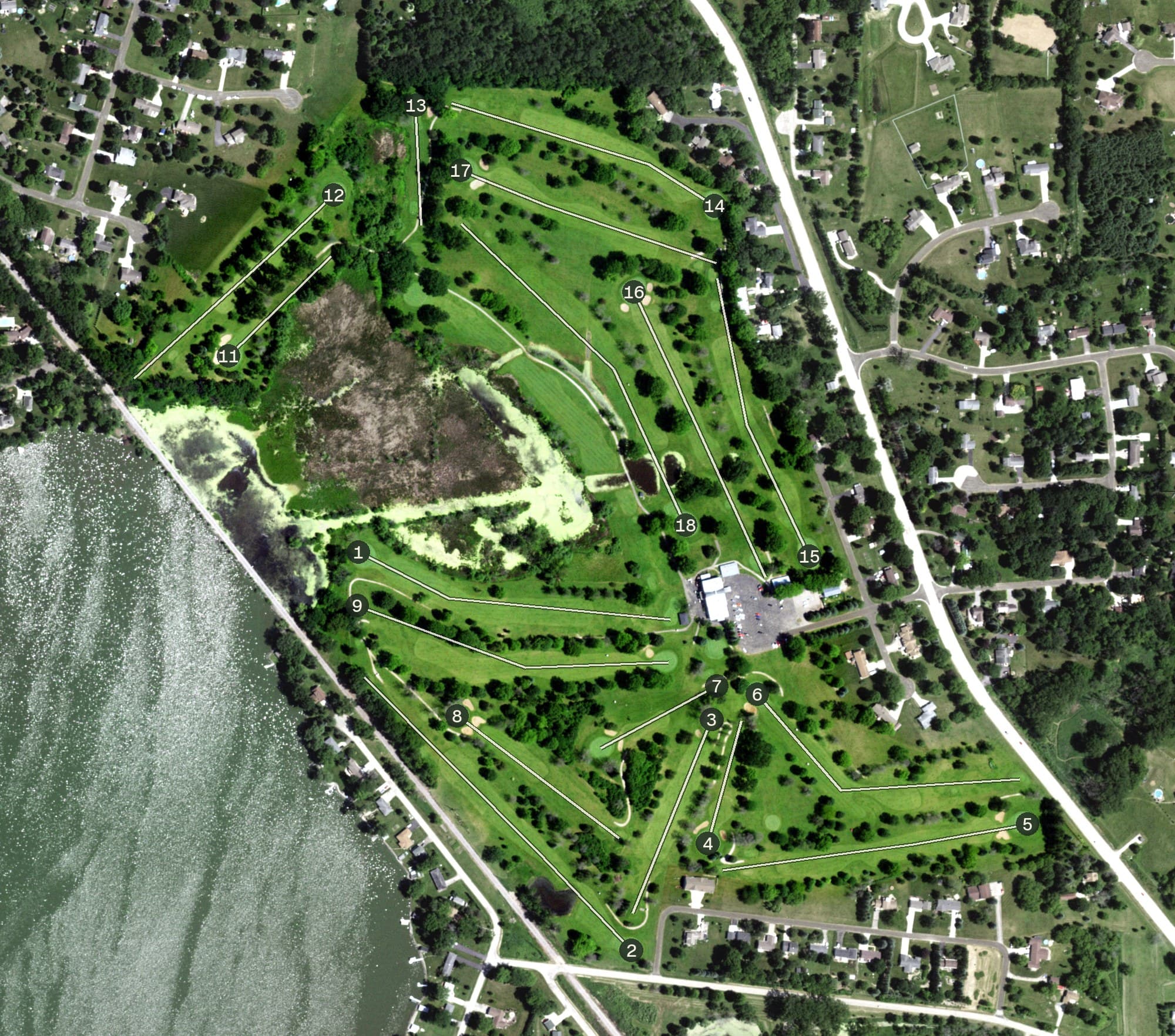 Aerial view of Beaver Dam Country Club, WI, with its hole routing marked