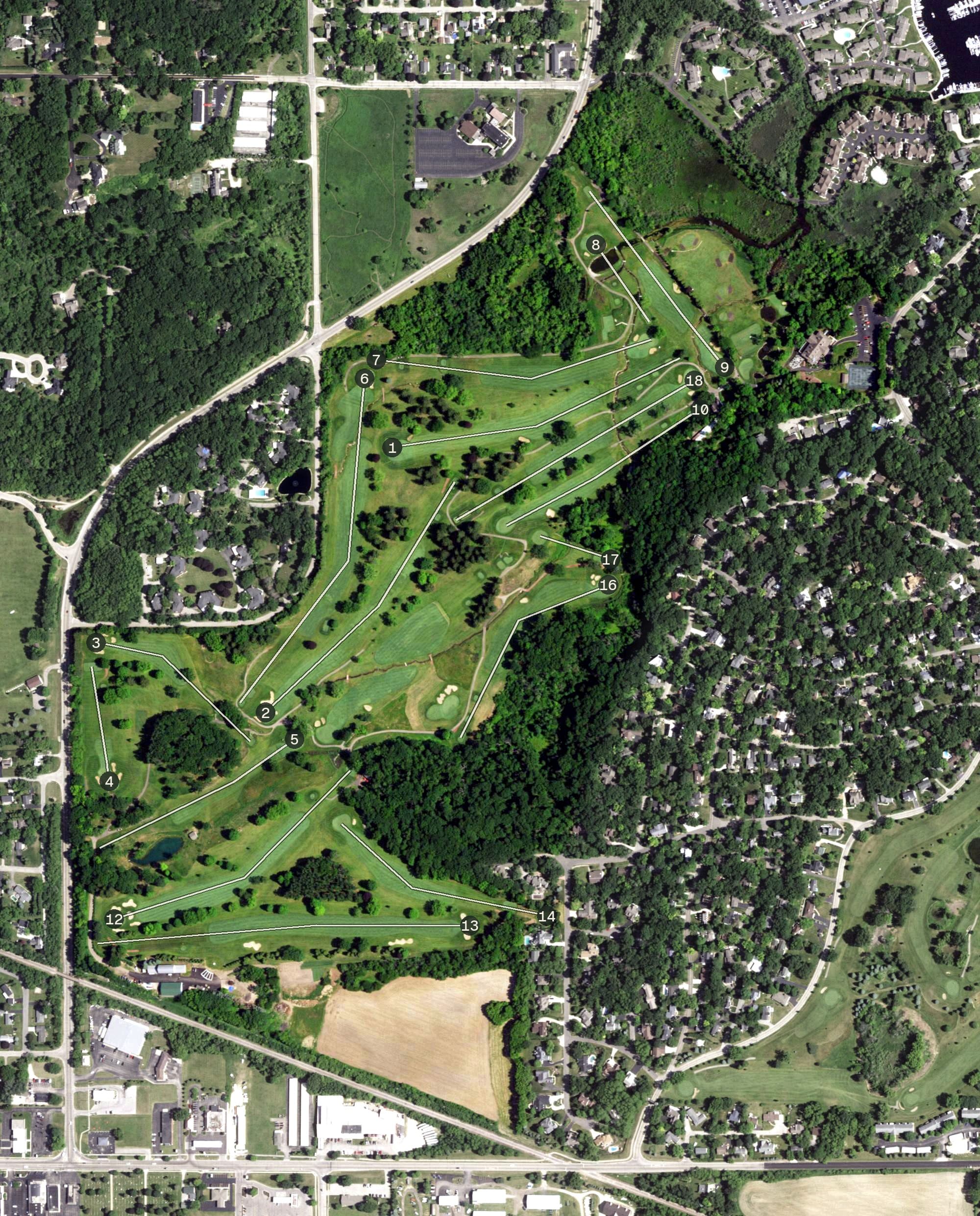 Aerial view of Big Foot Country Club, WI, with its hole routing marked