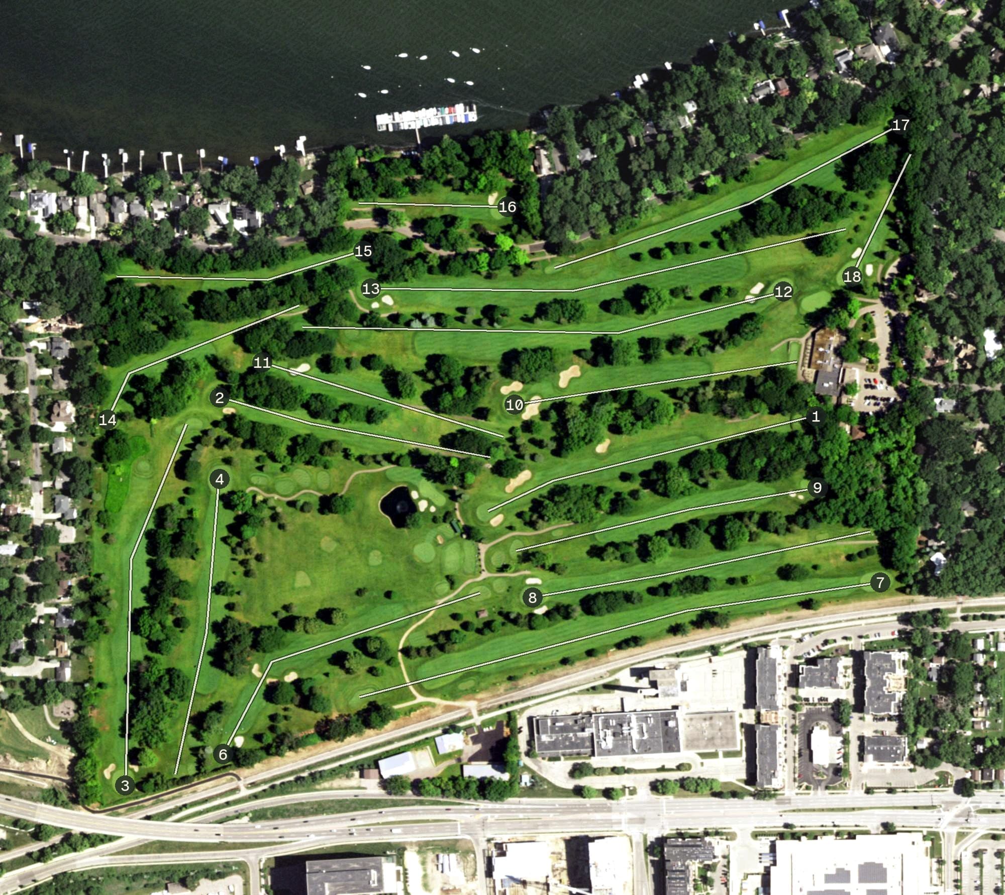 Aerial view of Blackhawk Country Club, WI, with its hole routing marked