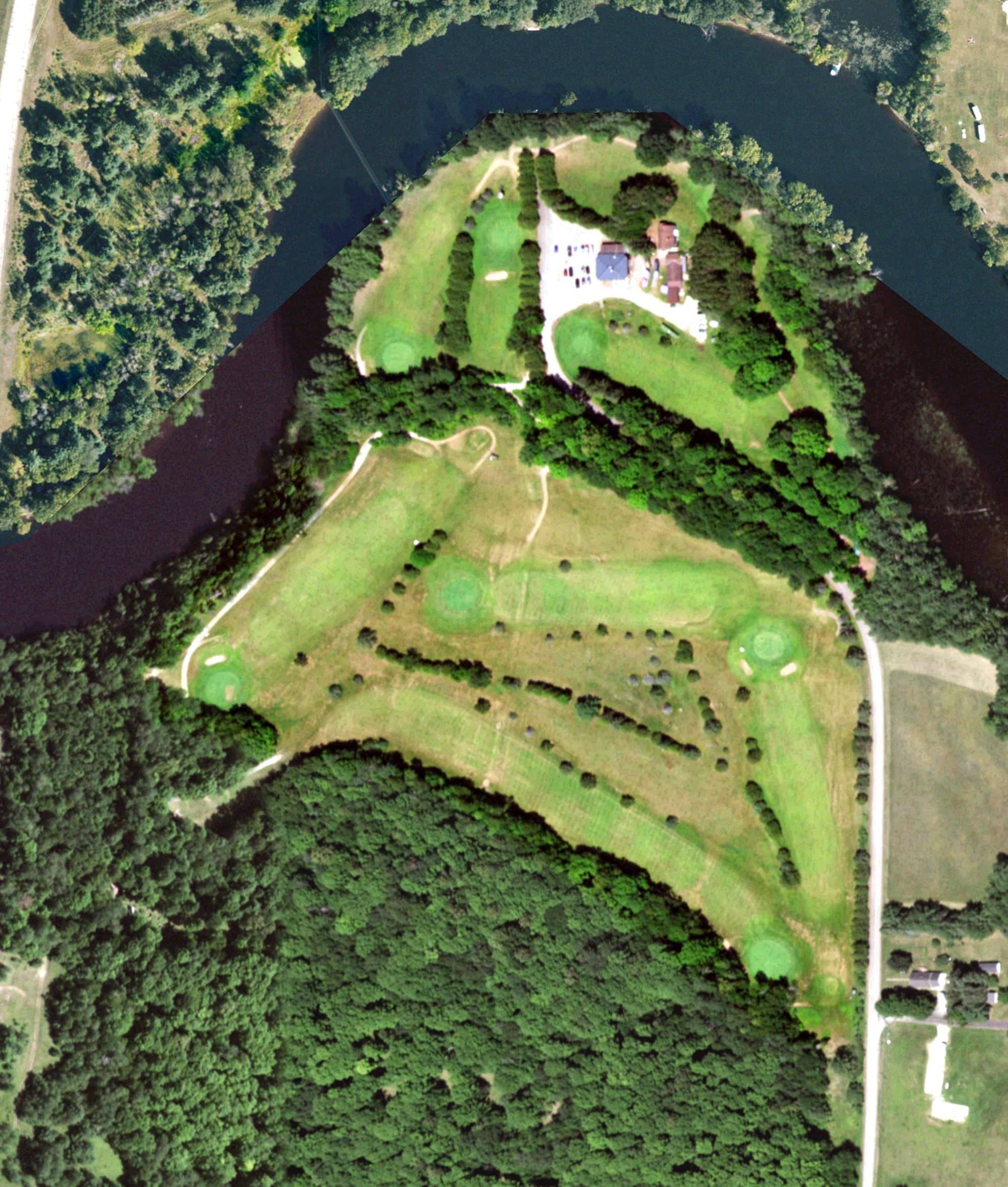 Aerial view of Bomber's Golf Course, WI, with its hole routing marked