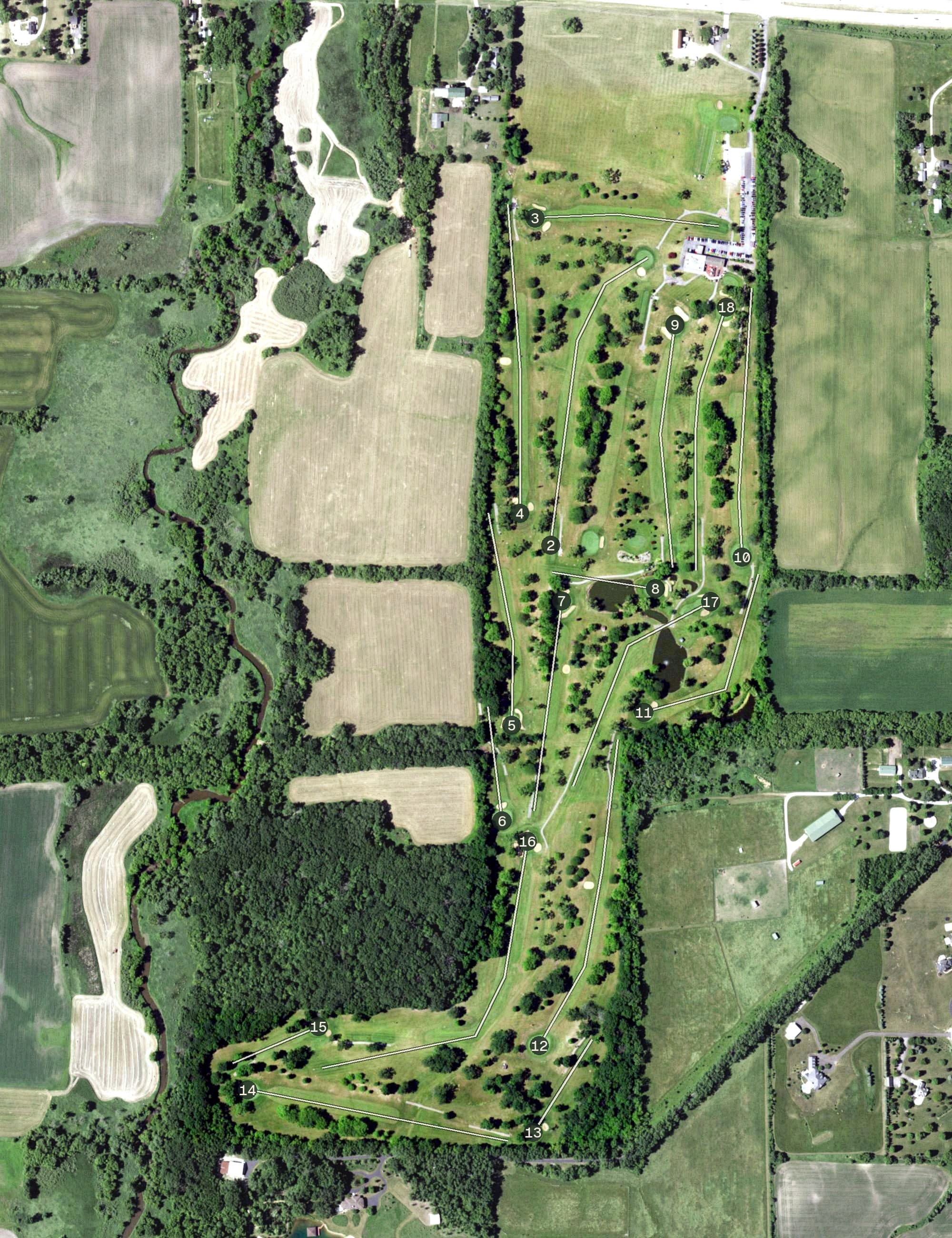 Aerial view of Bristol Oaks Golf Club, WI, with its hole routing marked