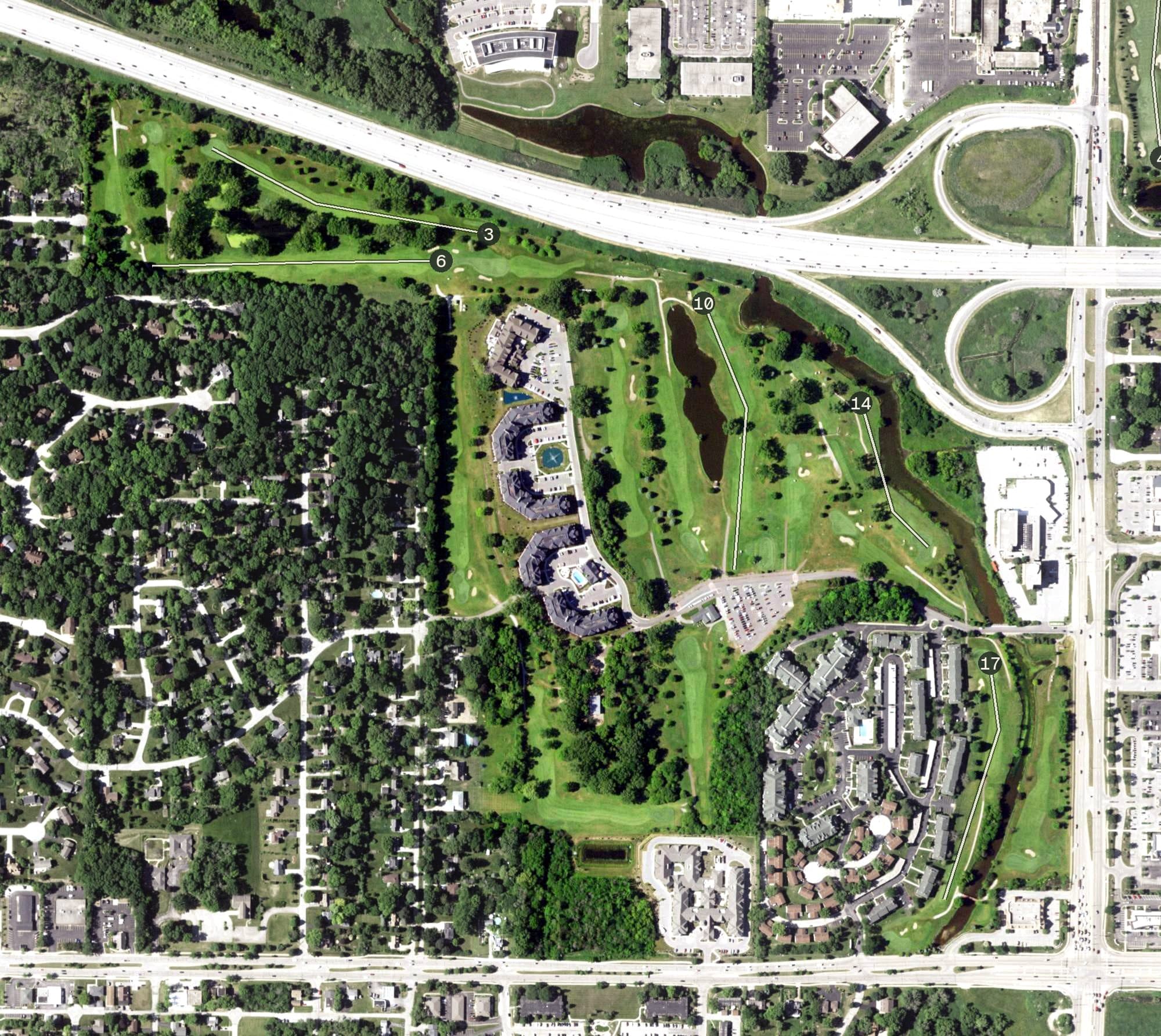 Aerial view of Brookfield Hills Golf Course, WI, with its hole routing marked