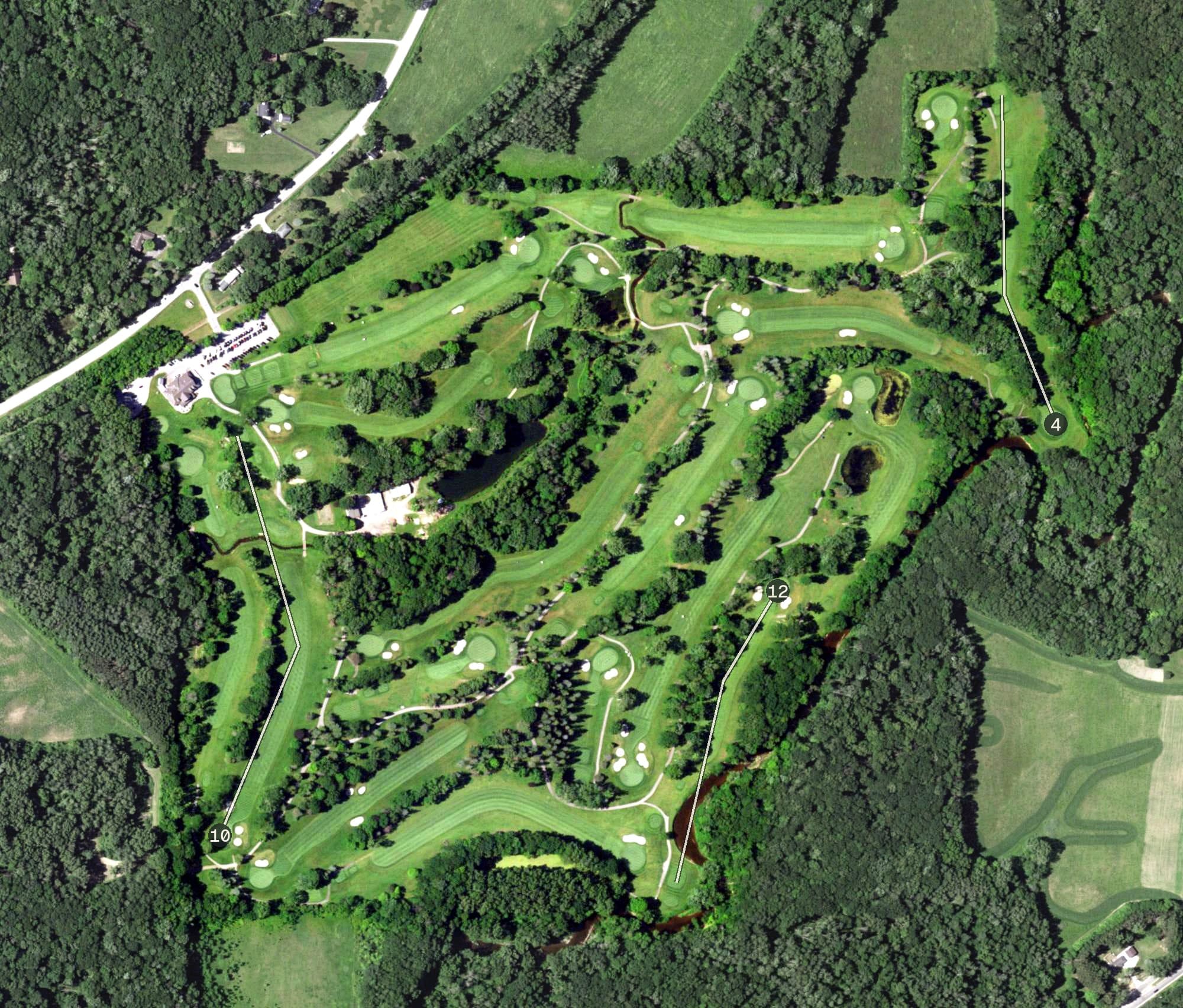 Aerial view of Brown County Golf Course, WI, with its hole routing marked