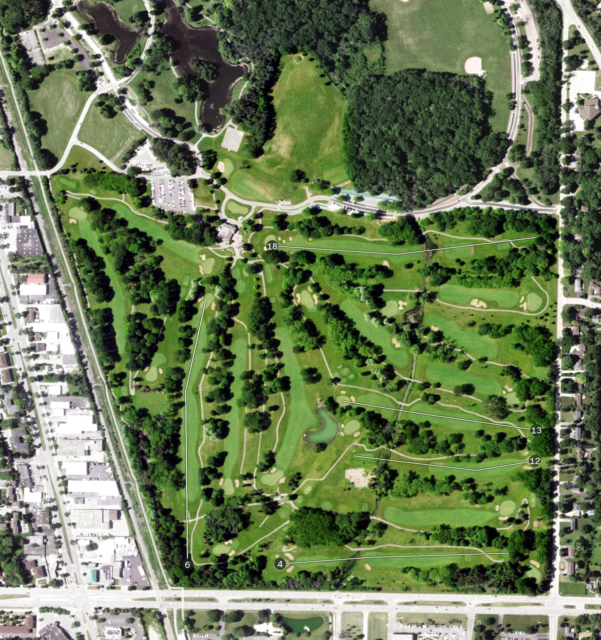 Aerial view of Brown Deer Park Golf Course, WI, with its hole routing marked