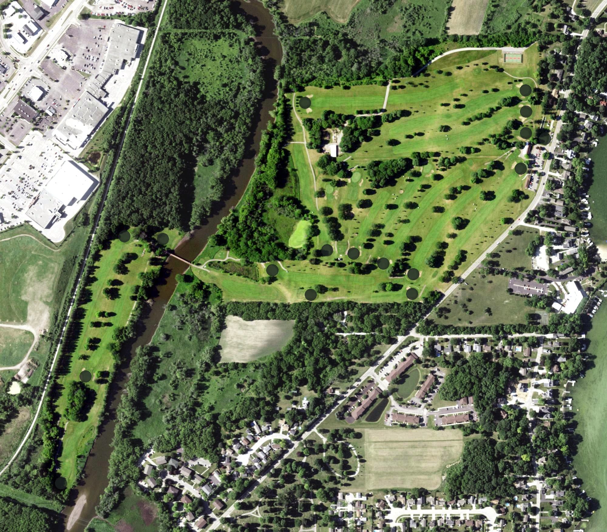 Aerial view of Browns Lake Golf Course, WI, with its hole routing marked
